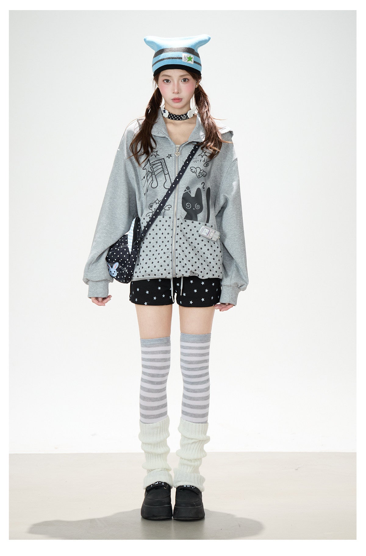 Cartoon Polka-Dot Zip-Up Hoodie & Star Print Shorts