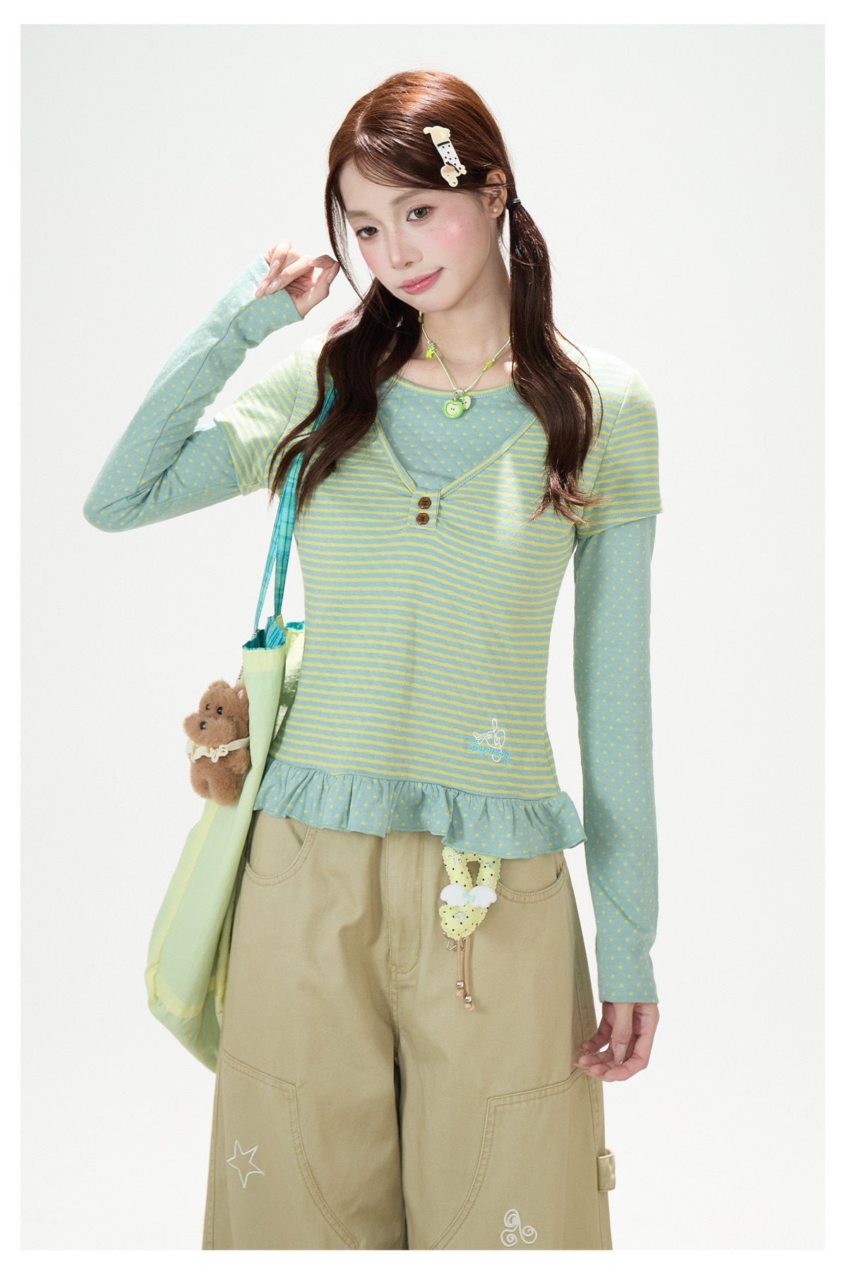 Polka-Dot Stripe Layered Long Sleeve Top & Embroidered Khaki Wide-Leg Cargo Pants