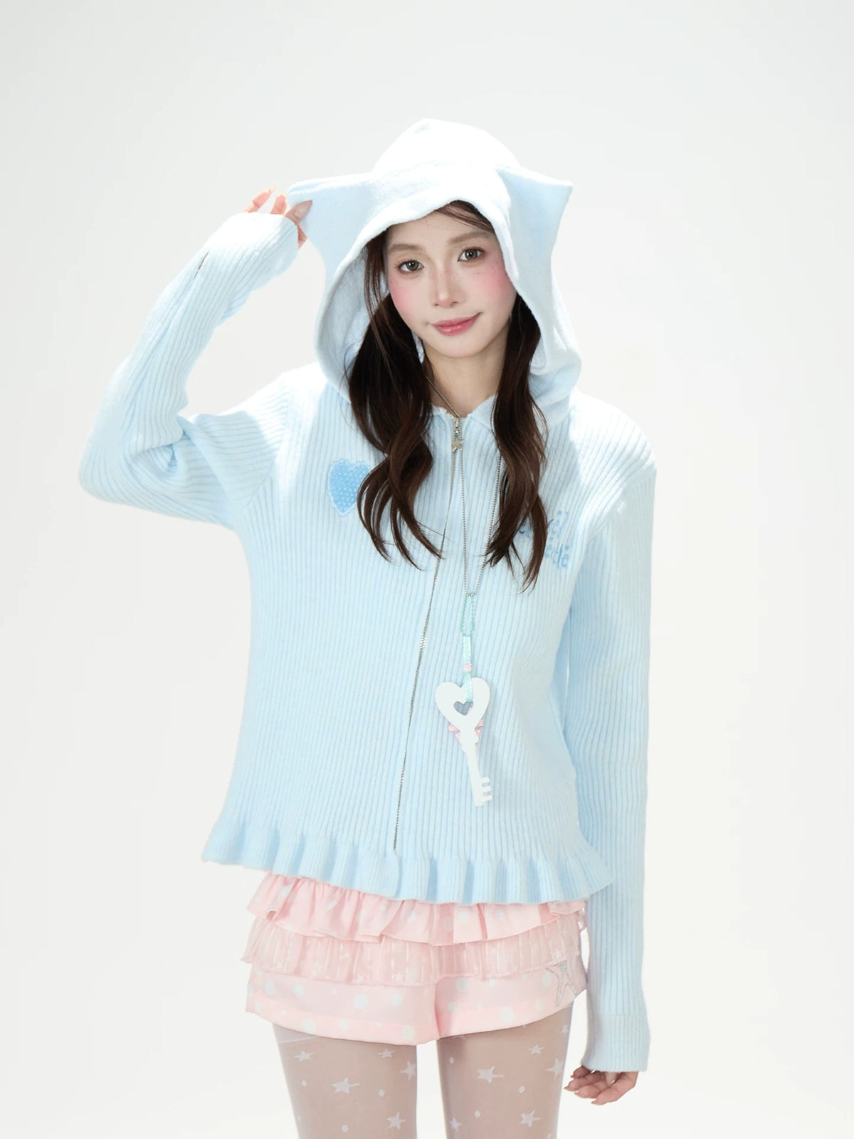 Cat-Ear Hooded Knit Zip Cardigan & Pink Ruffle Shorts