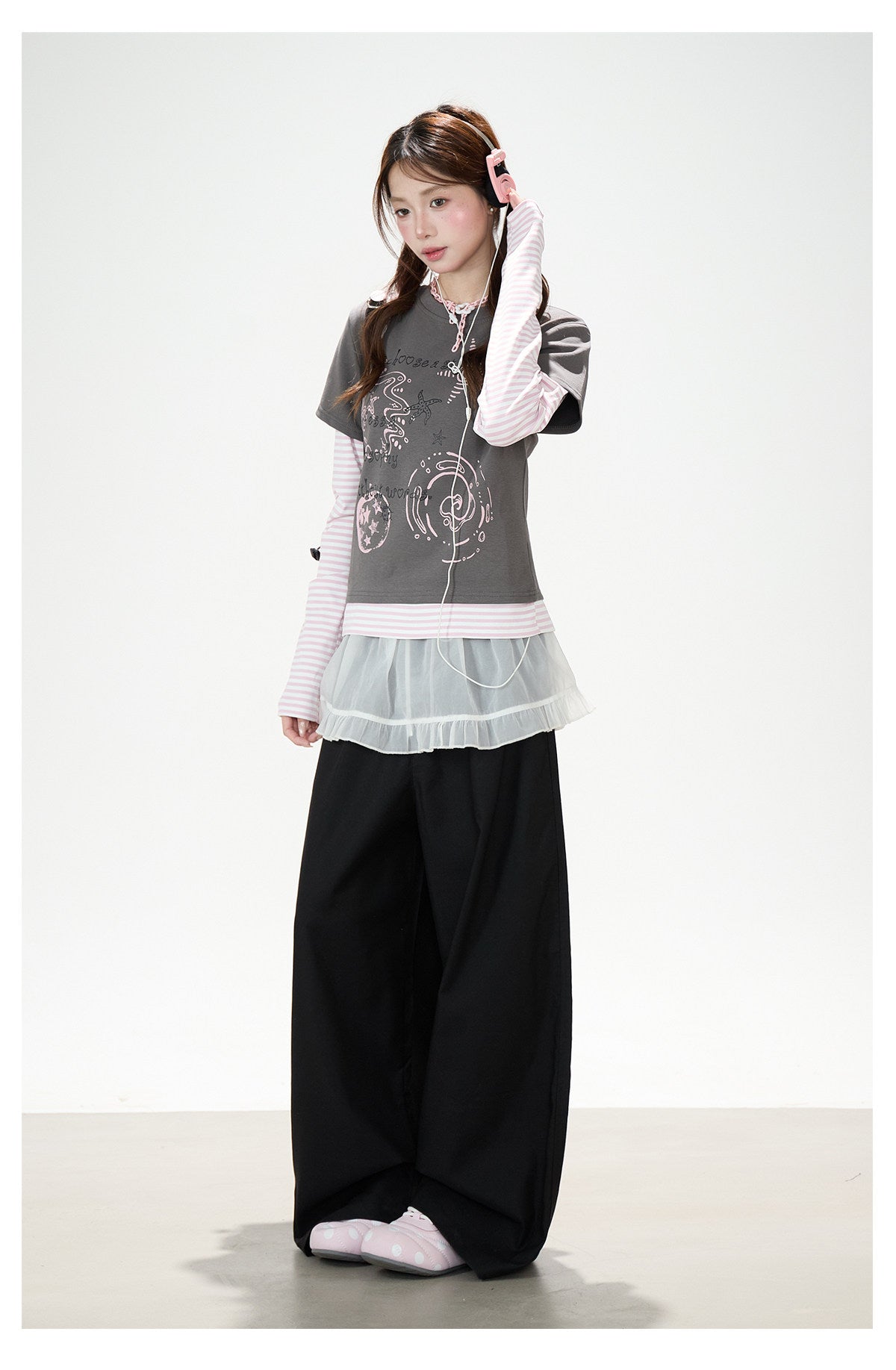 Graffiti Layered Long Sleeve Top & Black Wide-Leg Pants