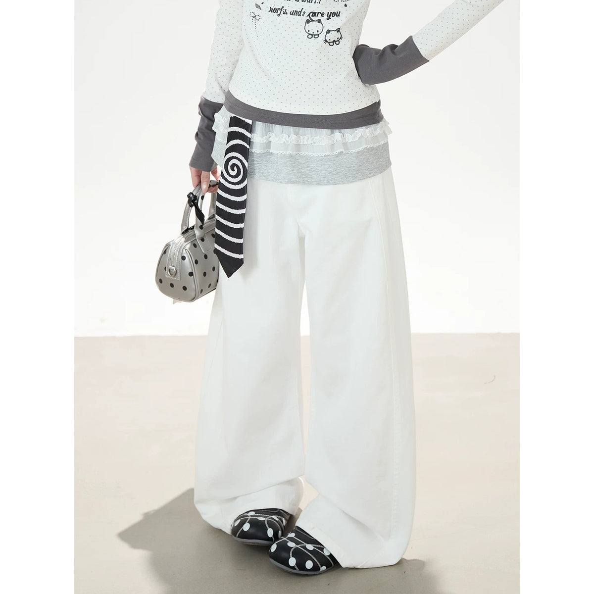 Music Note Cat Polka-Dot Layered Long Sleeve Top & White Wide-Leg Pants