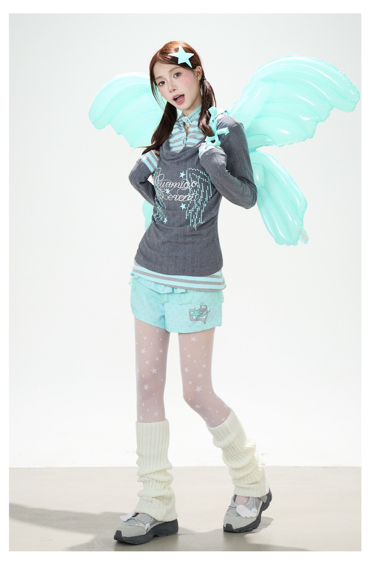 Angel Wing Graphic Hooded Stripe Layered Long Sleeve Top