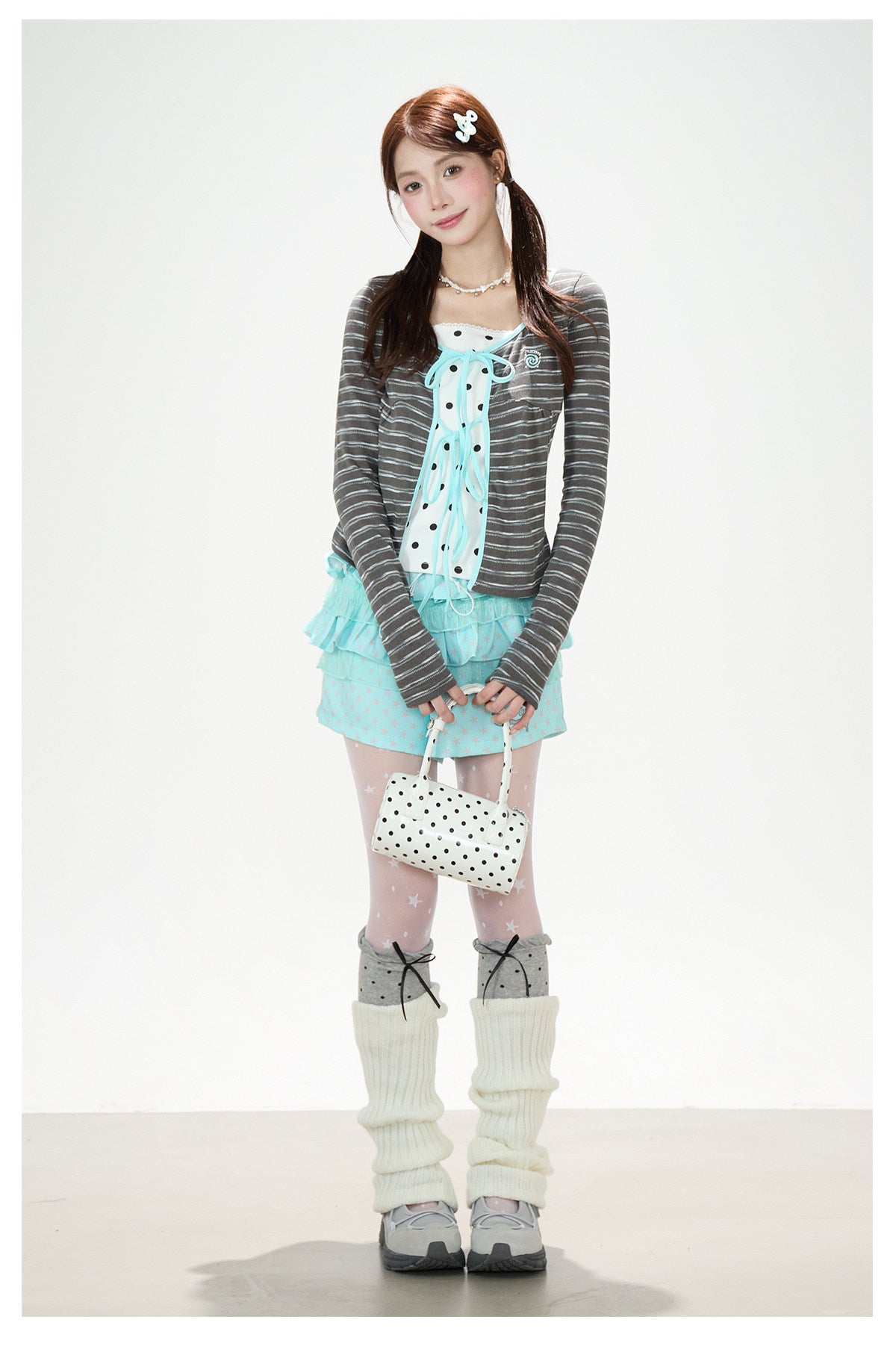 Polka-Dot Tie-Front Layered Long Sleeve Top & Pinstripe Button Wide-Leg Pants