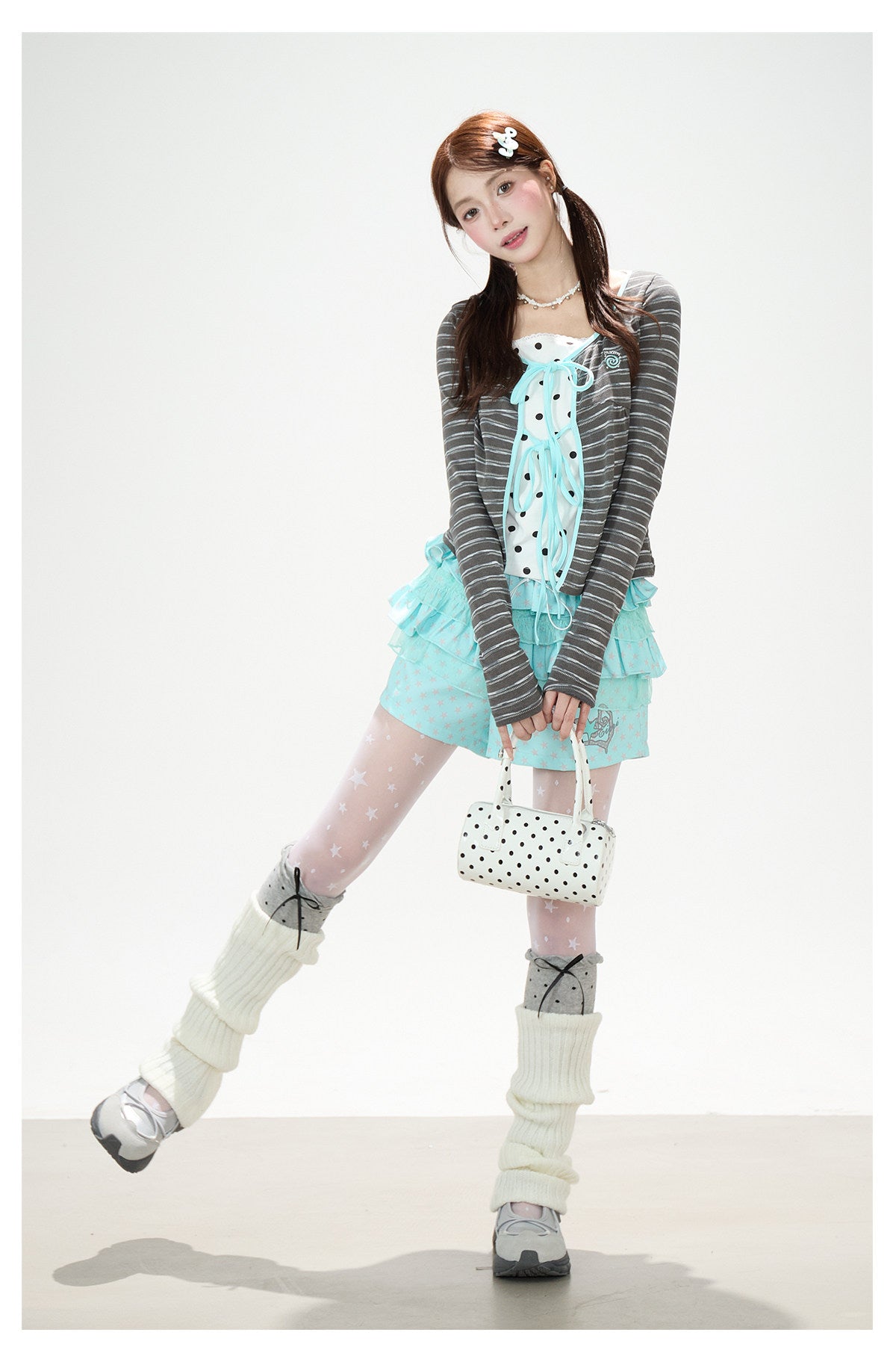 Polka-Dot Tie-Front Layered Long Sleeve Top & Pinstripe Button Wide-Leg Pants