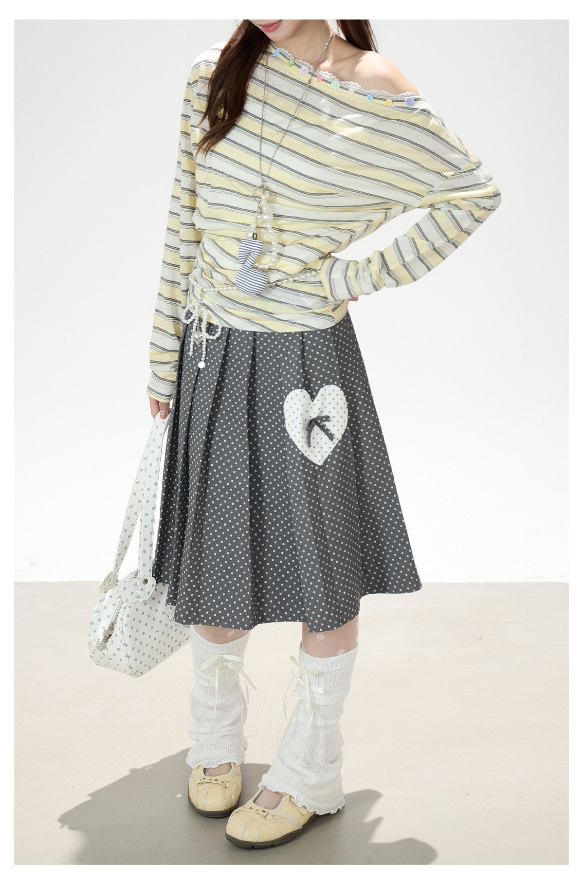 Striped Off-Shoulder Long Sleeve Top & Polka-Dot Midi Skirt
