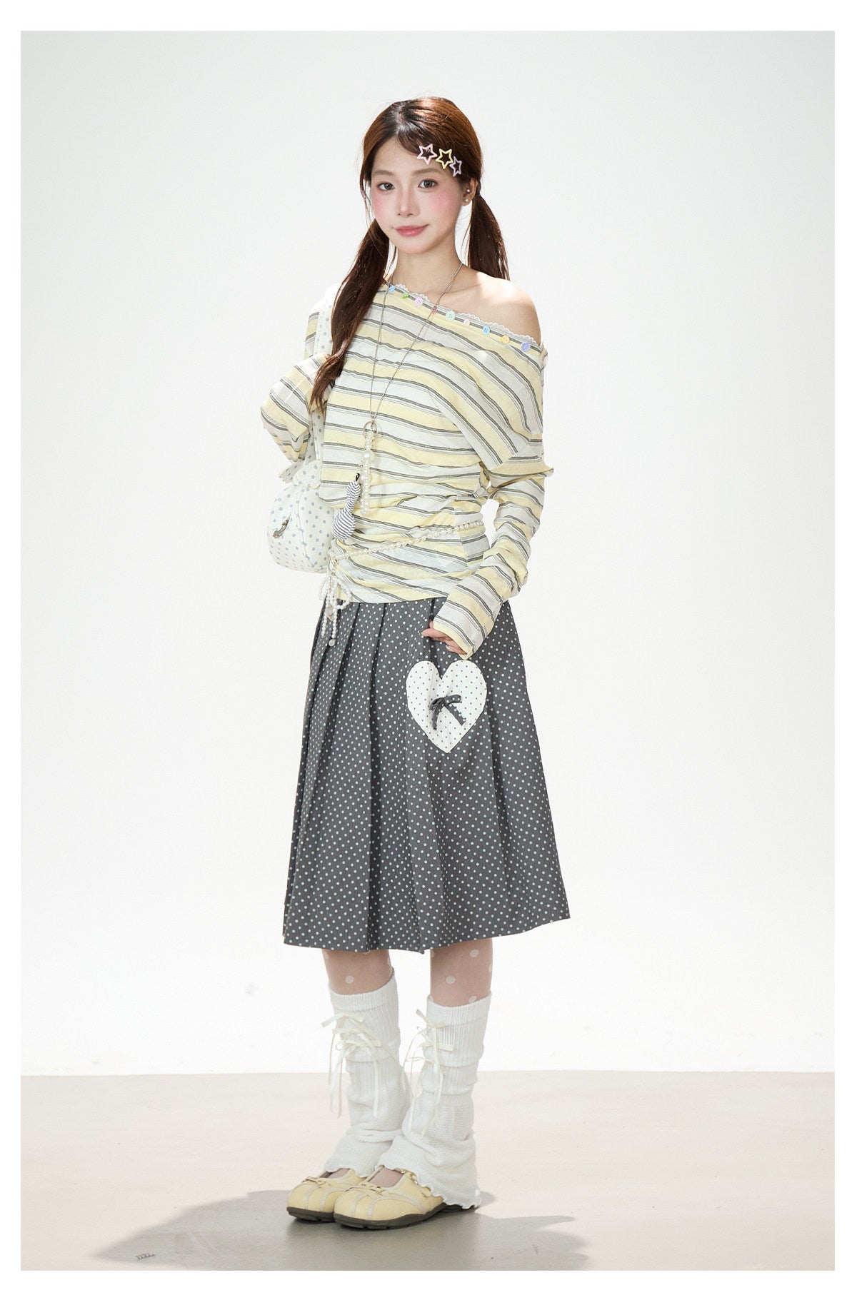 Striped Off-Shoulder Long Sleeve Top & Polka-Dot Midi Skirt