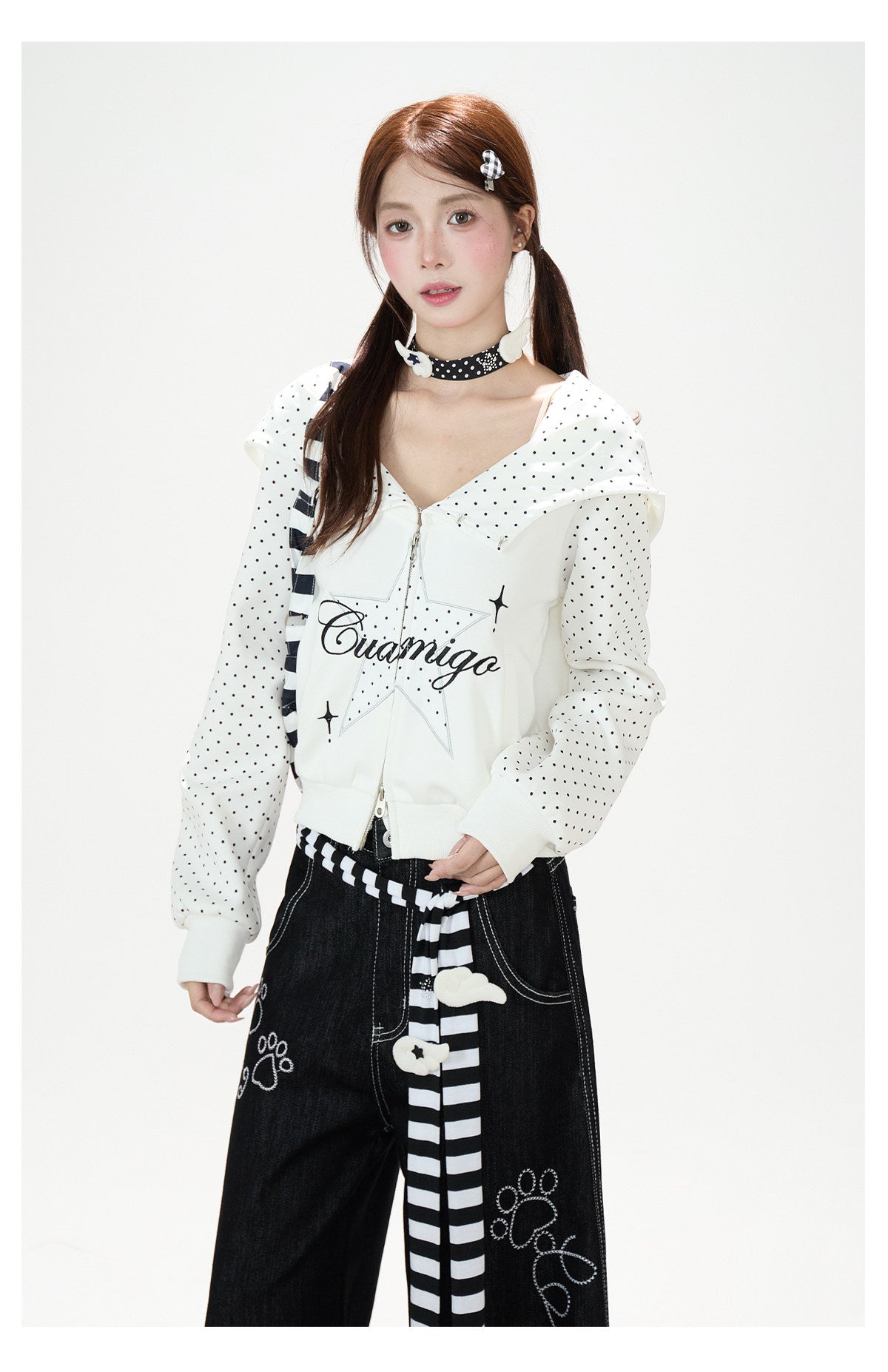Star Polka-Dot Cropped Zip-Up Hoodie & Paw Print Graphic Wide-Leg Jeans