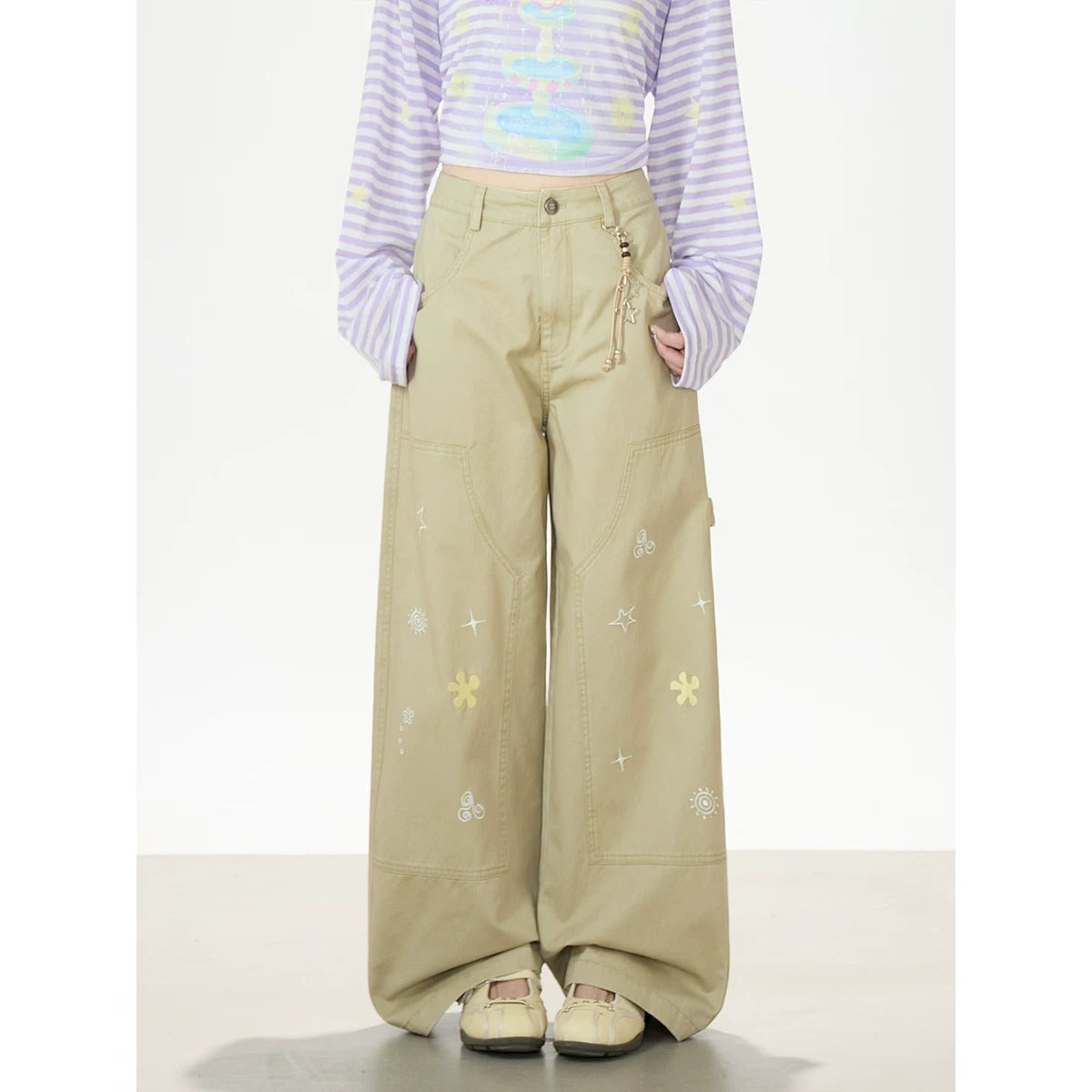 Khaki Embroidered Wide-Leg Cargo Pants