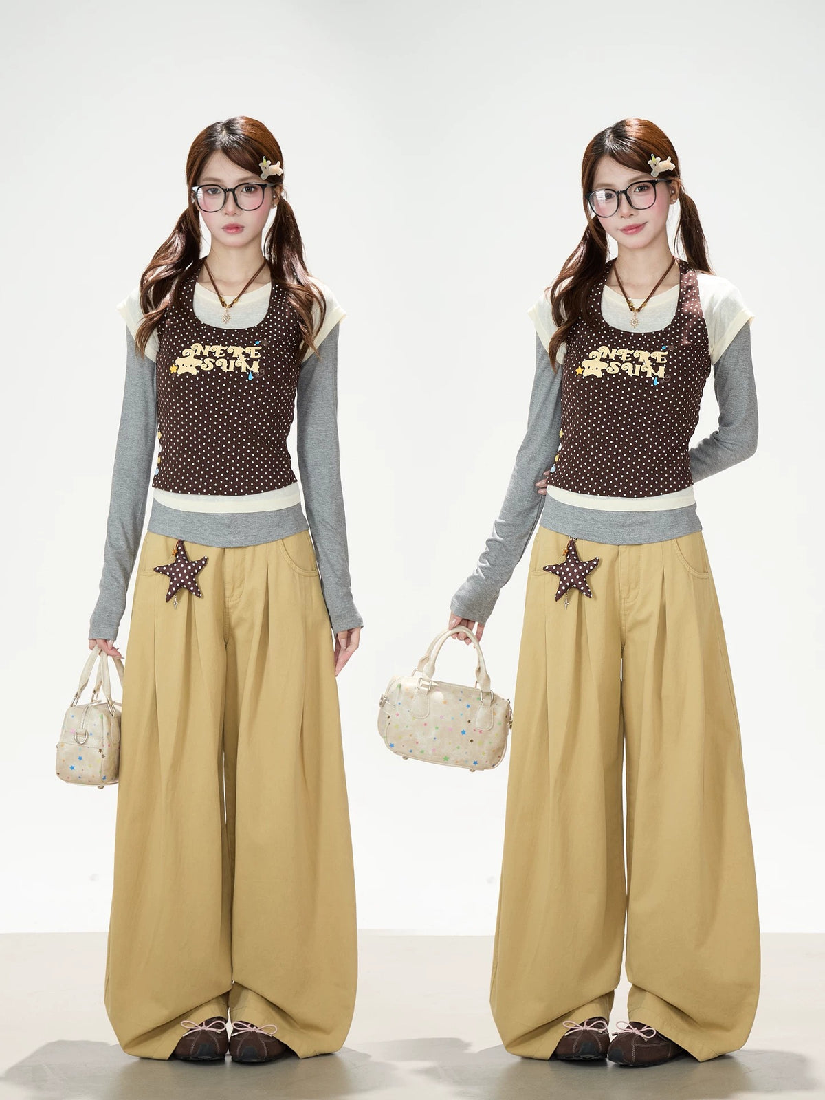 Coffee Polka-Dot Layered Long Sleeve Top
