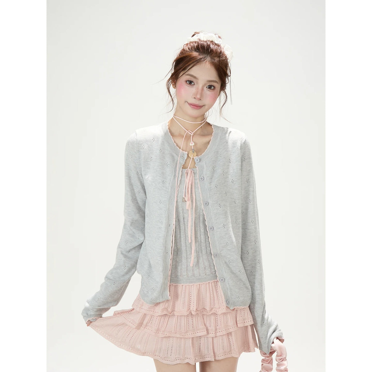 Pointelle Bow Cardigan & Cami Knit Set & Tiered Ruffle Mini Skirt