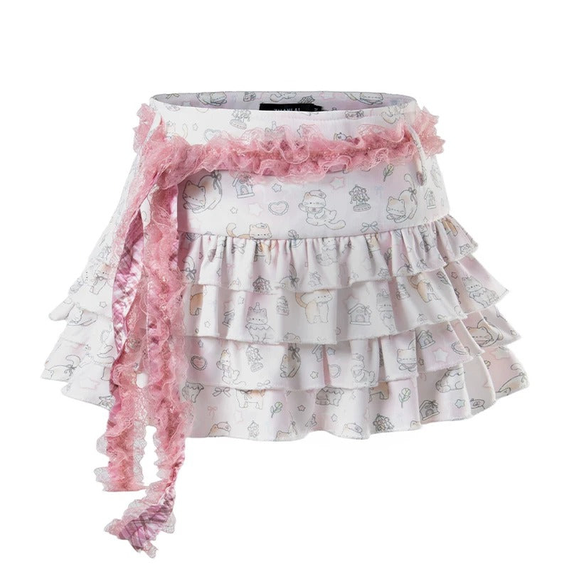 Cartoon Pony Long Sleeve Top & Pink Ruffle Mini Skirt