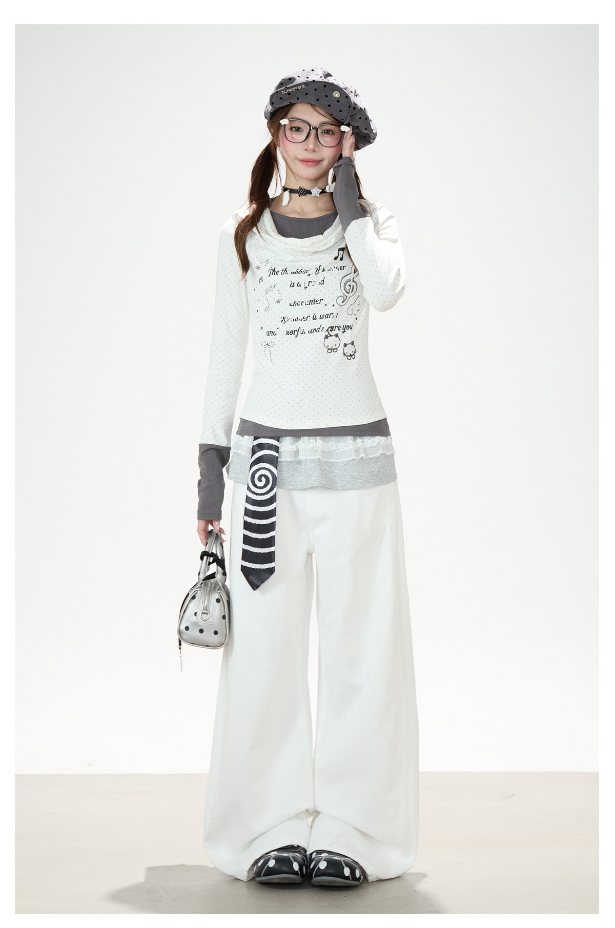 Music Note Cat Polka-Dot Layered Long Sleeve Top & White Wide-Leg Pants