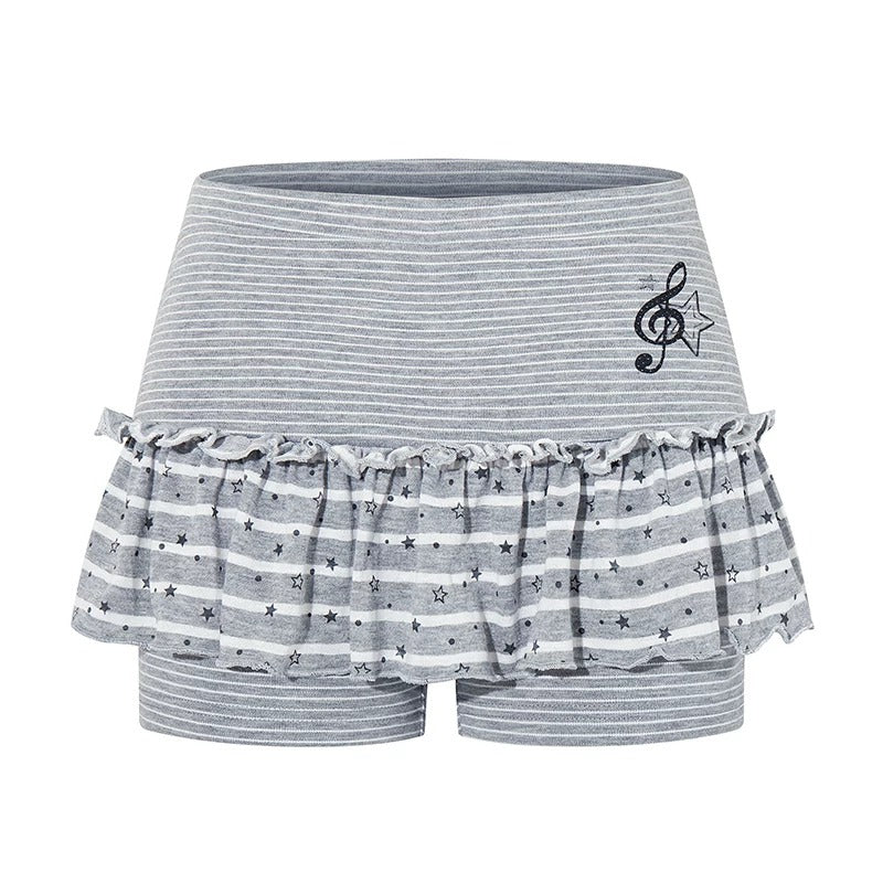 Polka-Dot Layered Cami Long Sleeve Top & Gray Ruffle Shorts