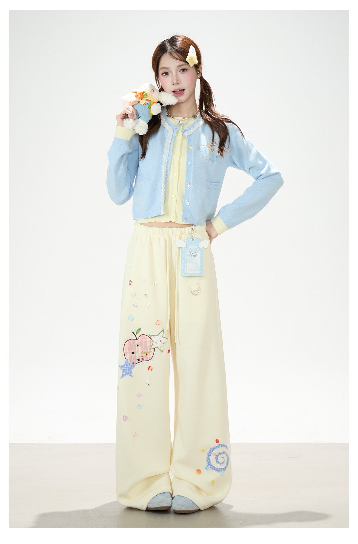 Faux Layered Soft Knit Cardigan & Apple Star Patch Wide-Leg Pants
