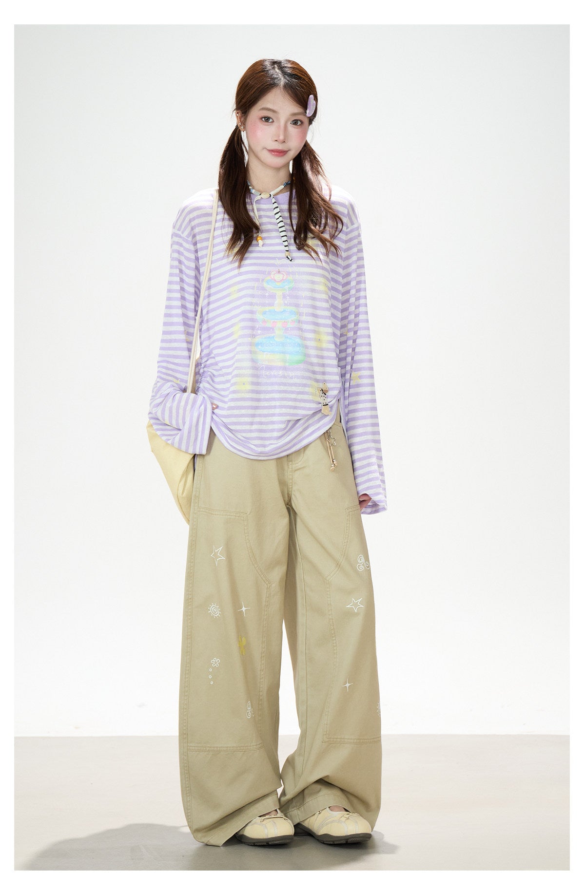 Khaki Embroidered Wide-Leg Cargo Pants
