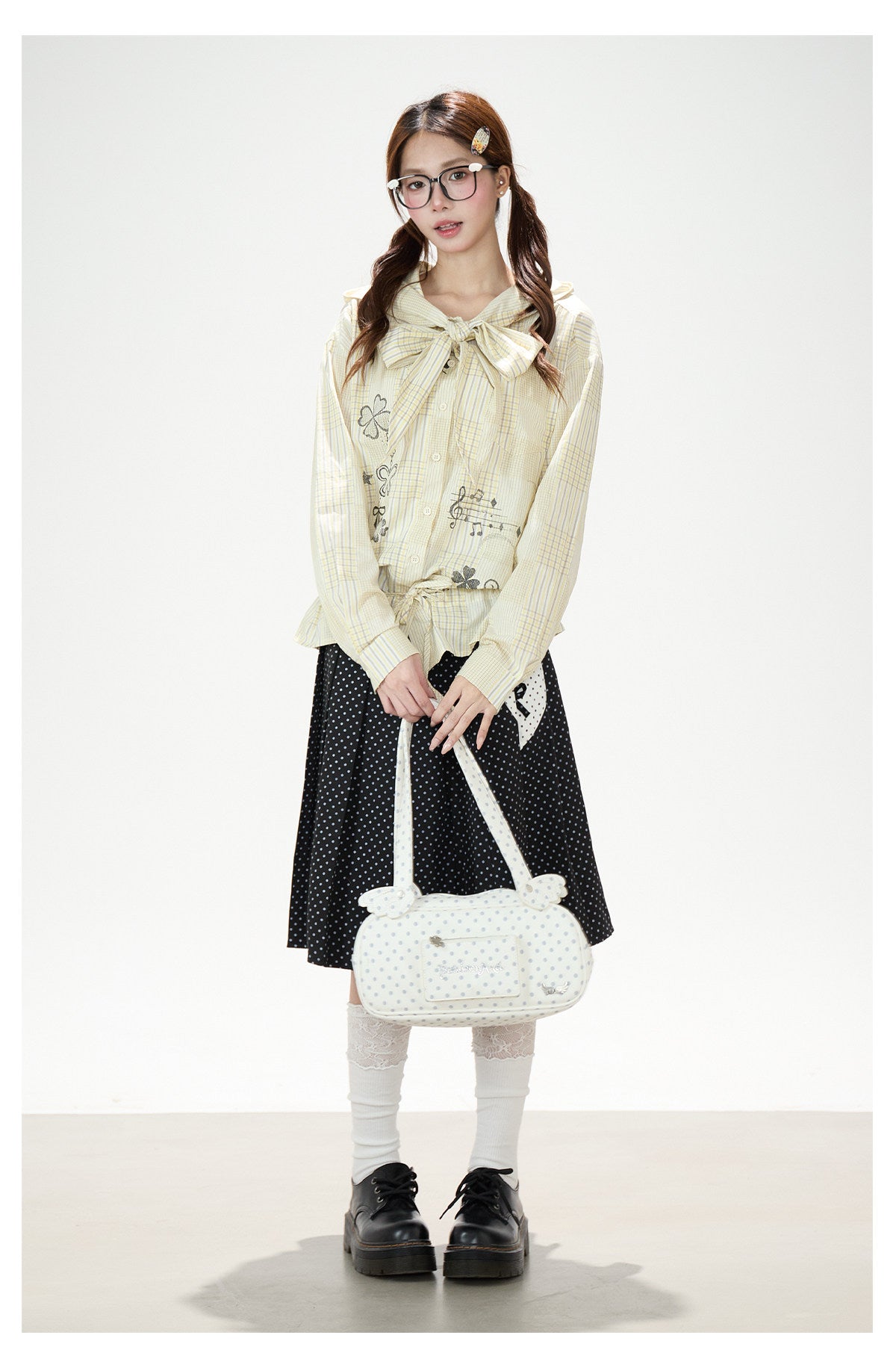 Plaid Hooded Long Sleeve Shirt & Black Polka-Dot Midi Skirt