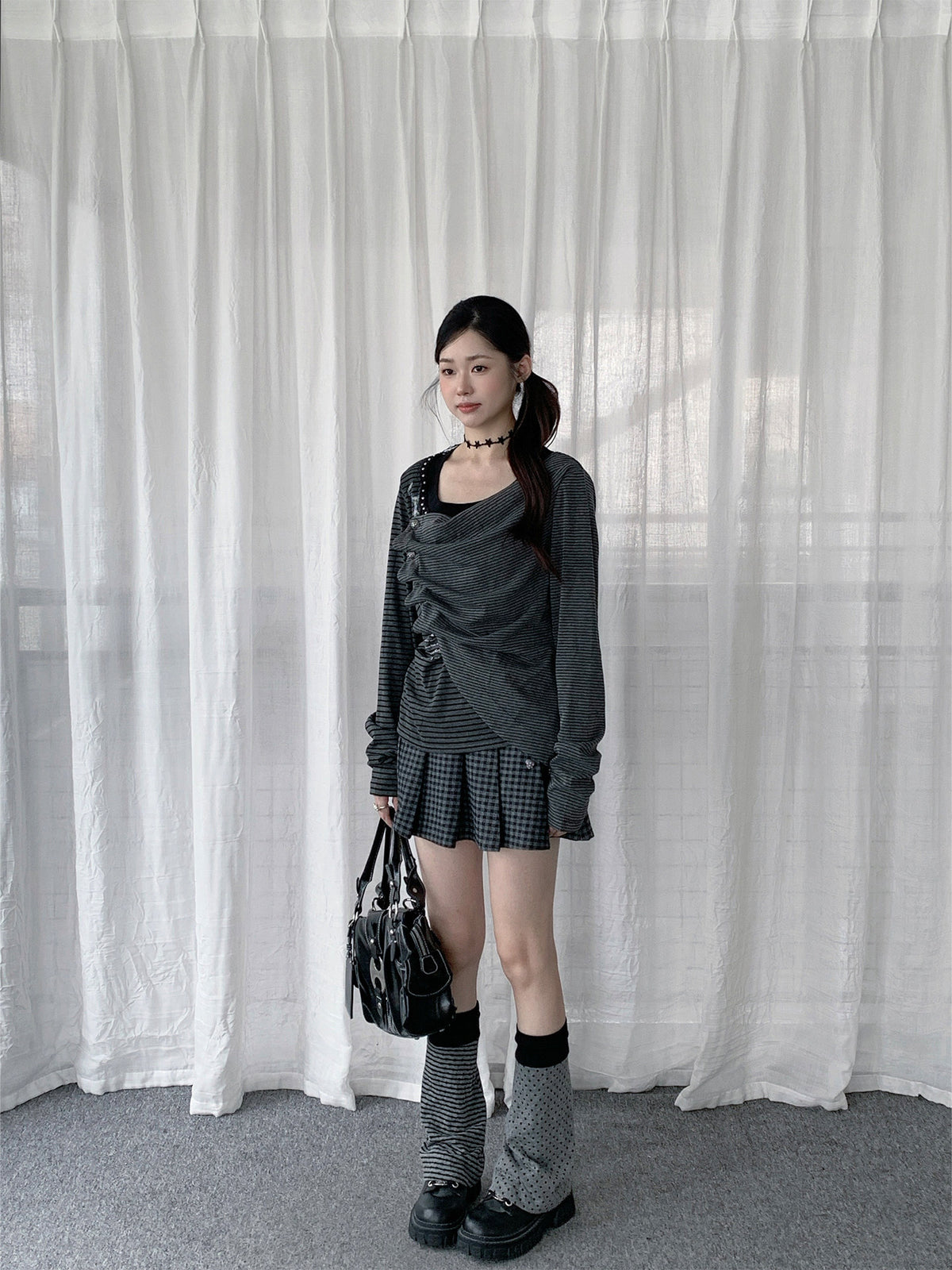 Asymmetric Button-Drape Striped Long Sleeve Top
