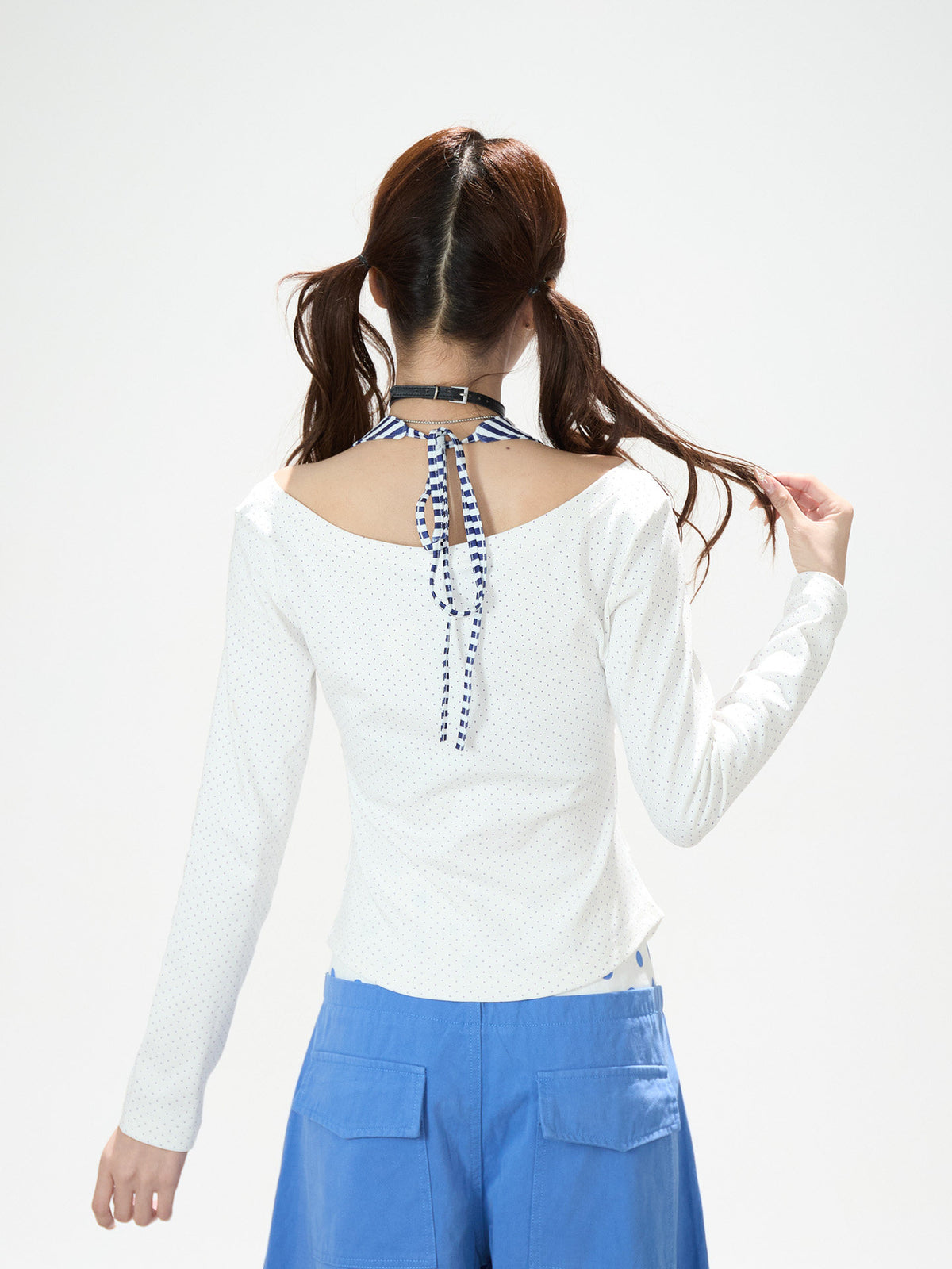 Cartoon Girl Faux-Layered Long Sleeve Top & Polka Dot Waist Wide-Leg Pants