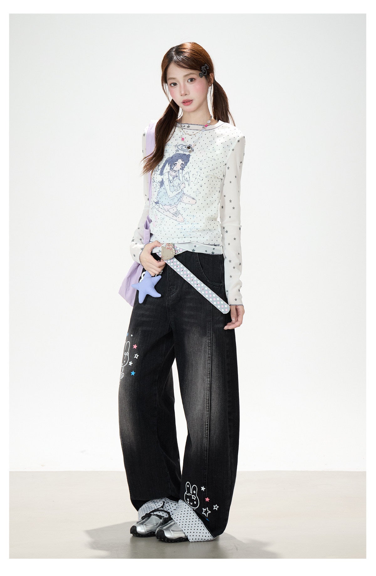 Anime Star Polka-Dot Mesh Long Sleeve Top & Bunny Graphic Wide-Leg Jeans