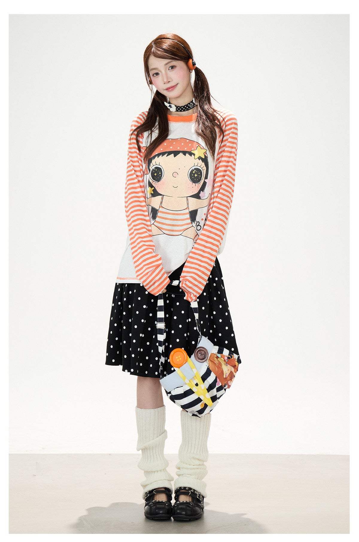 Cartoon Girl Stripe Raglan Long Sleeve Top & Black Polka-Dot Ruffle Skirt