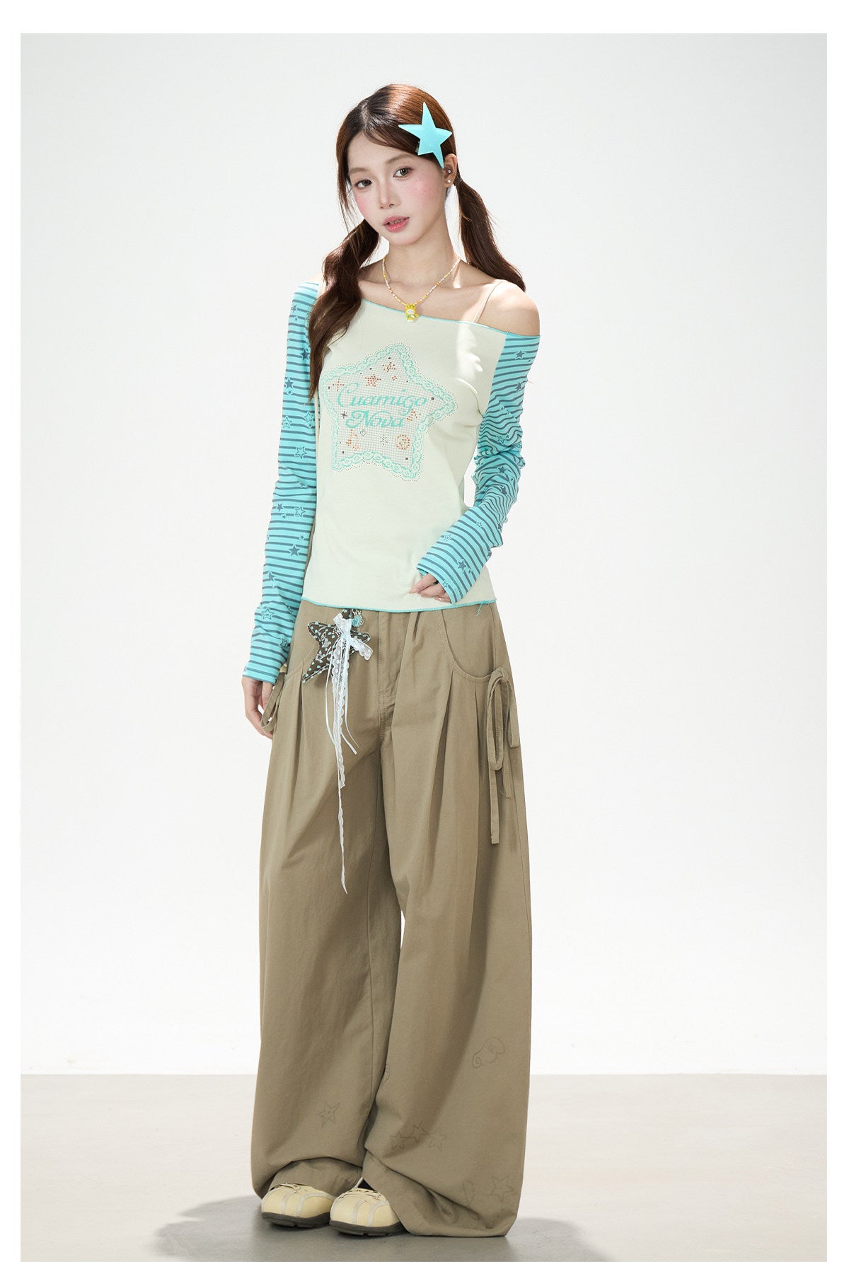Star Stripe Off-Shoulder Long Sleeve Top & Graphic Star Wide-Leg Pants