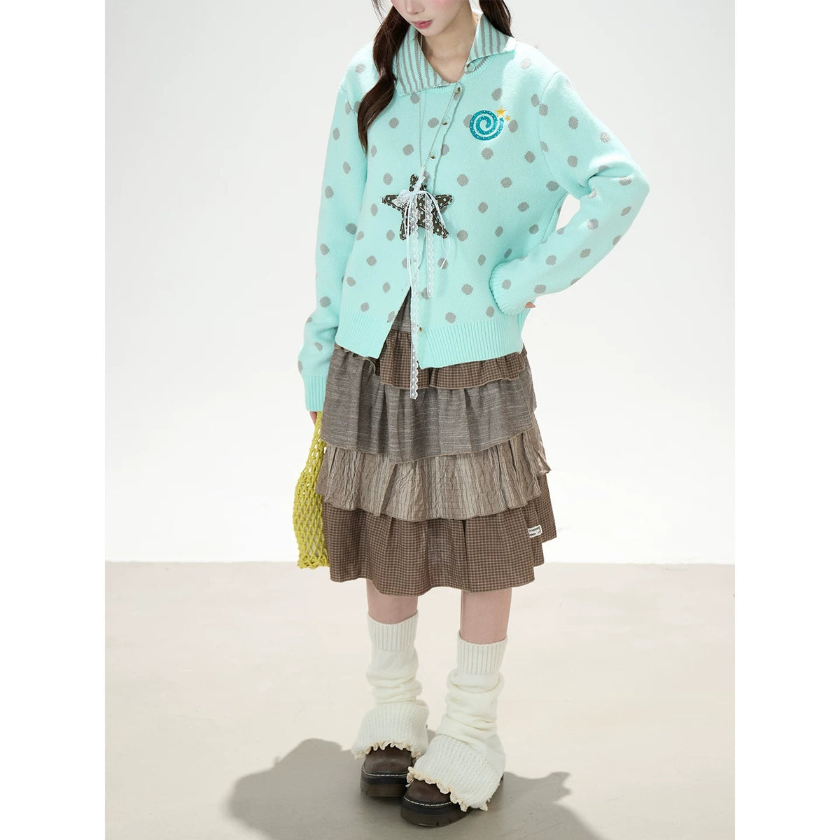 Polka-Dot Asymmetric Knit Cardigan & Tiered Midi Skirt