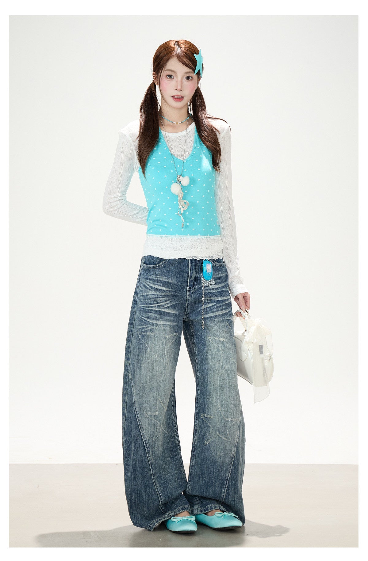 Sheer Cat Doodle Long Sleeve Top, Polka-Dot Cami & Washed Wide-Leg Jeans