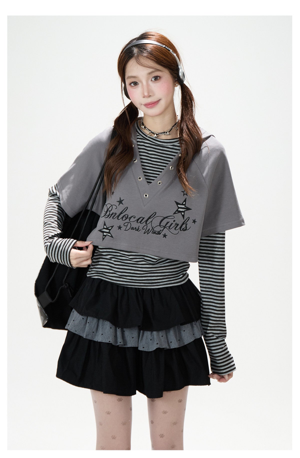 Graphic Cropped Hooded Tee, Striped Layering Long Sleeve Top & Tiered Mini Skirt