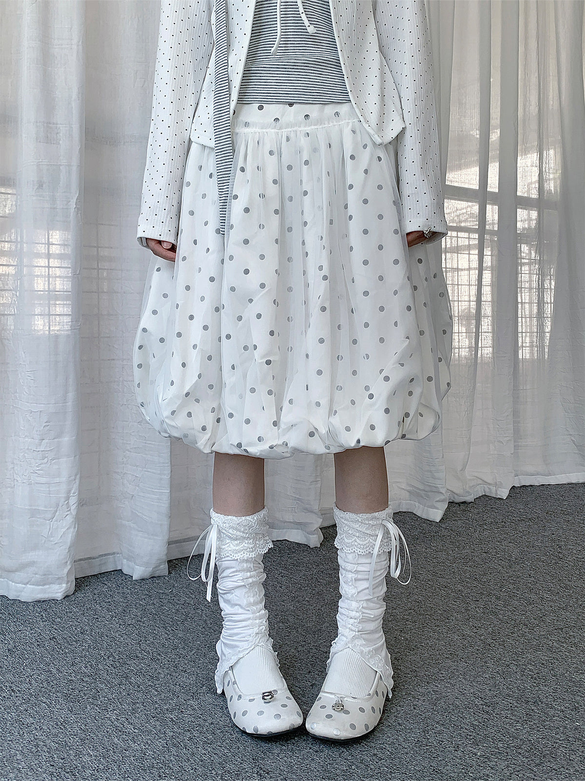 Polka Dot Balloon Midi Skirt & Layered Tie-Front Top
