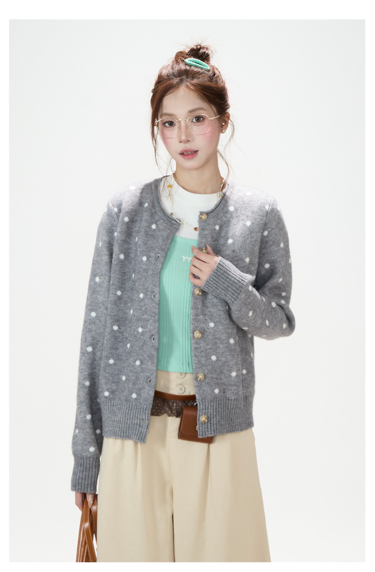 Polka-Dot Jacquard Knit Cardigan & Washed Flare Jeans