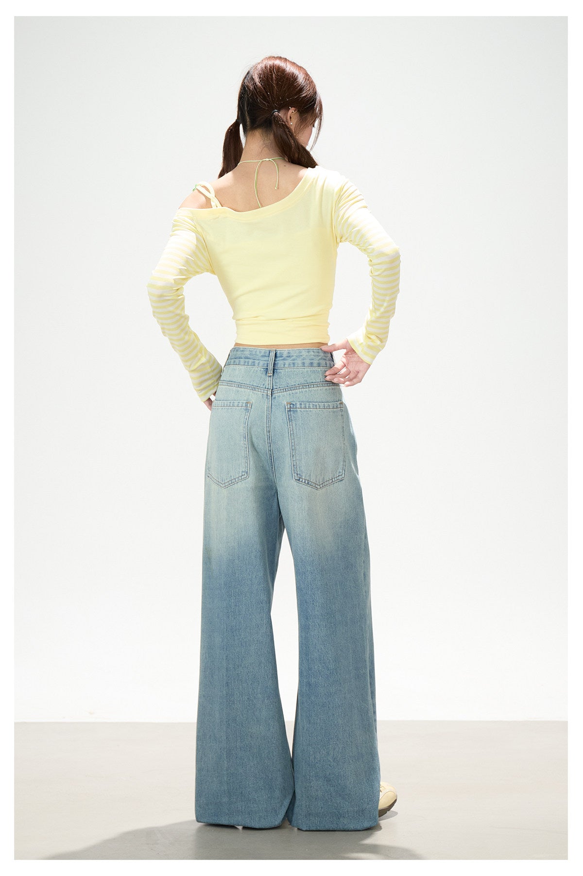 Clover Stripe Off-Shoulder Long Sleeve Top & Star Music Note Wide-Leg Jeans