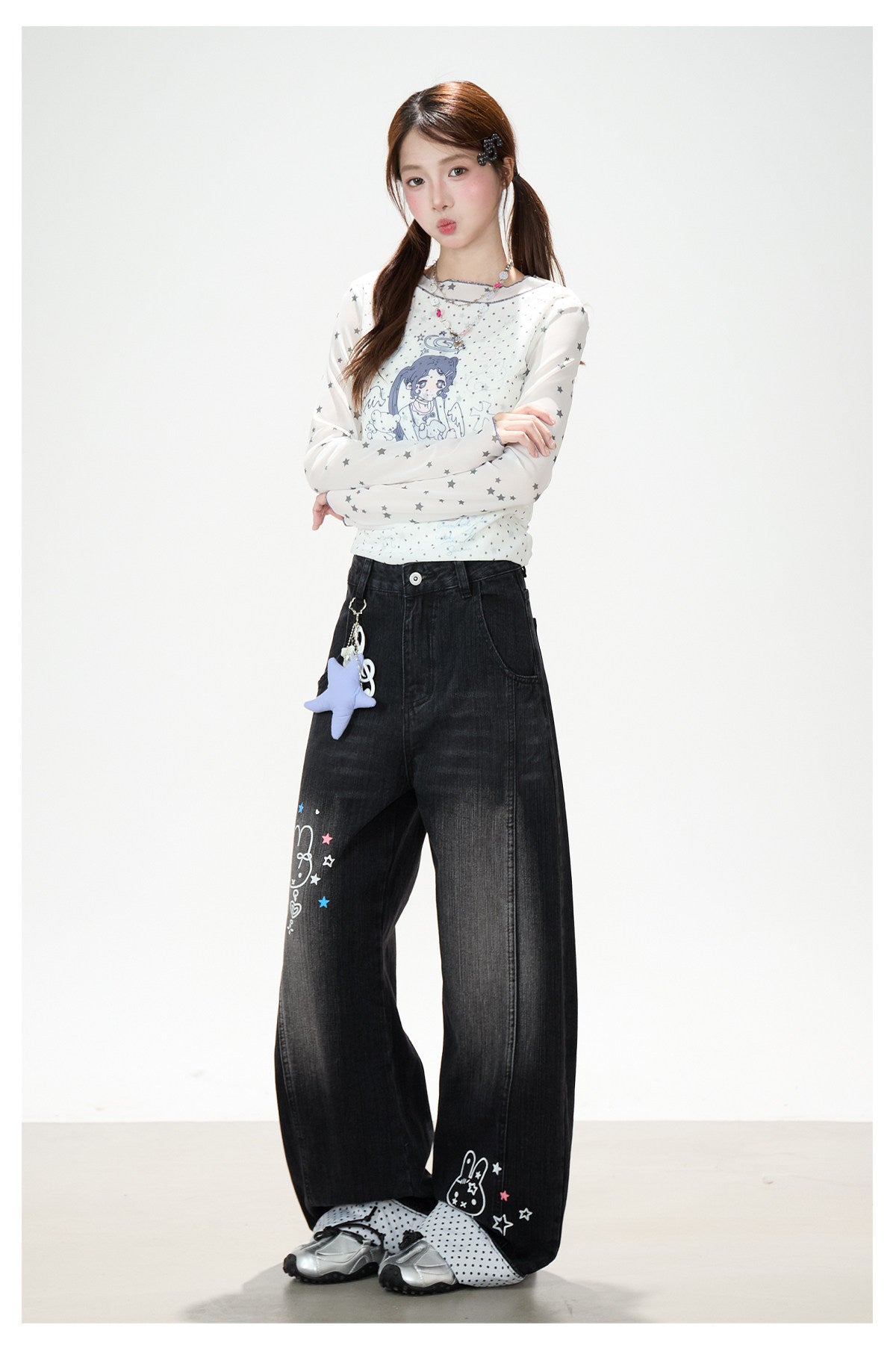 Anime Star Polka-Dot Mesh Long Sleeve Top & Bunny Graphic Wide-Leg Jeans