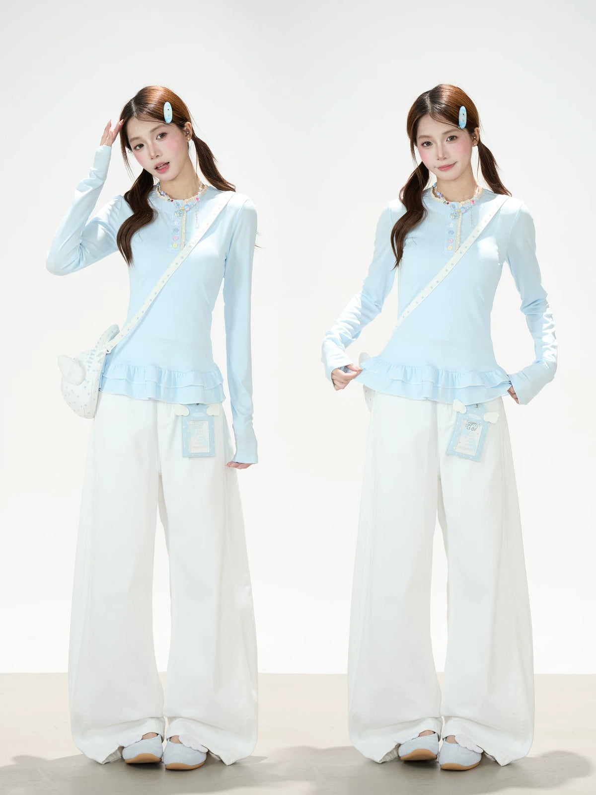 Ruffle Hem Button Long Sleeve Top & White Wide-Leg Pants
