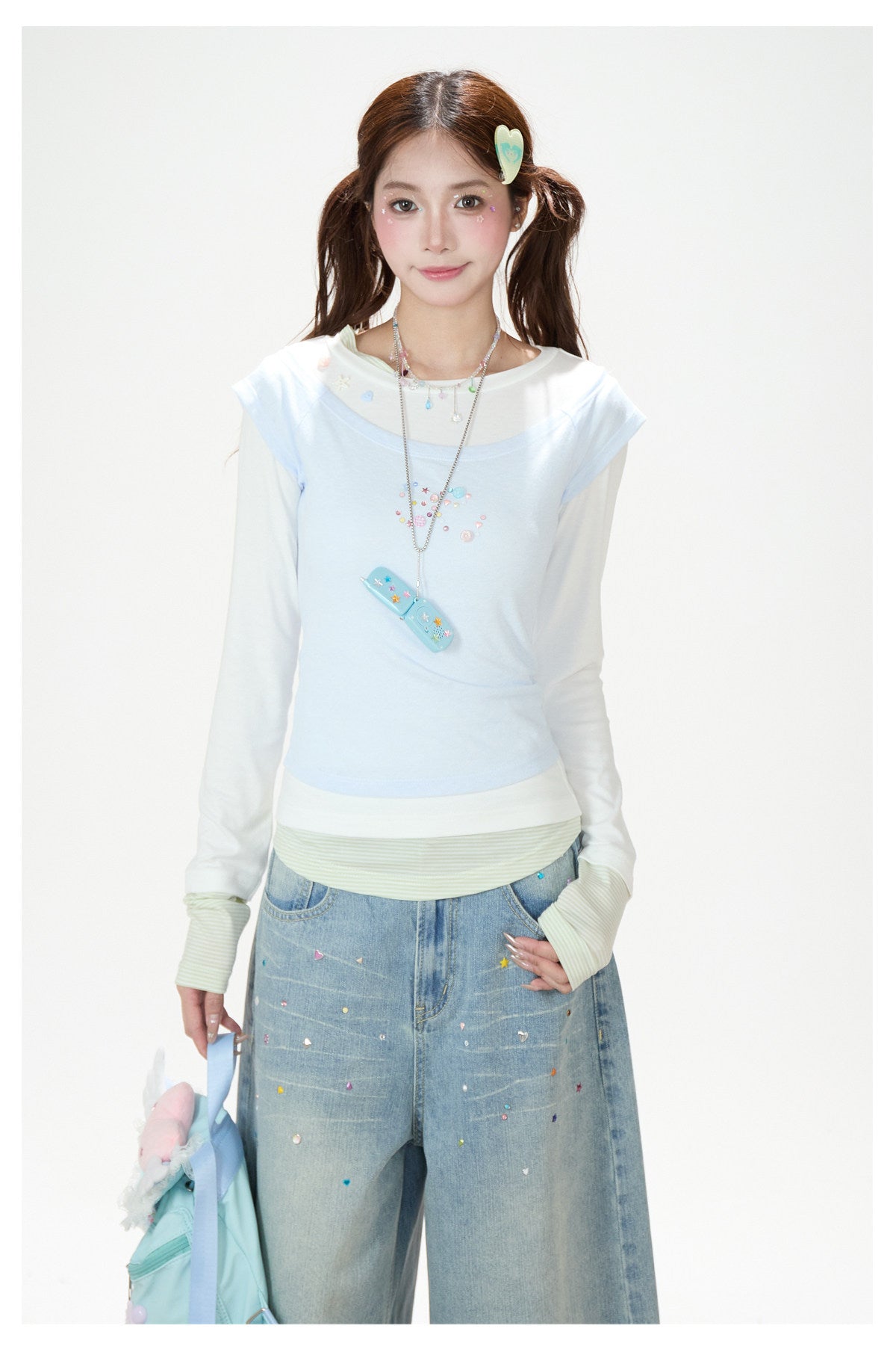 Contrast Faux Three-Layer Long Sleeve Top
