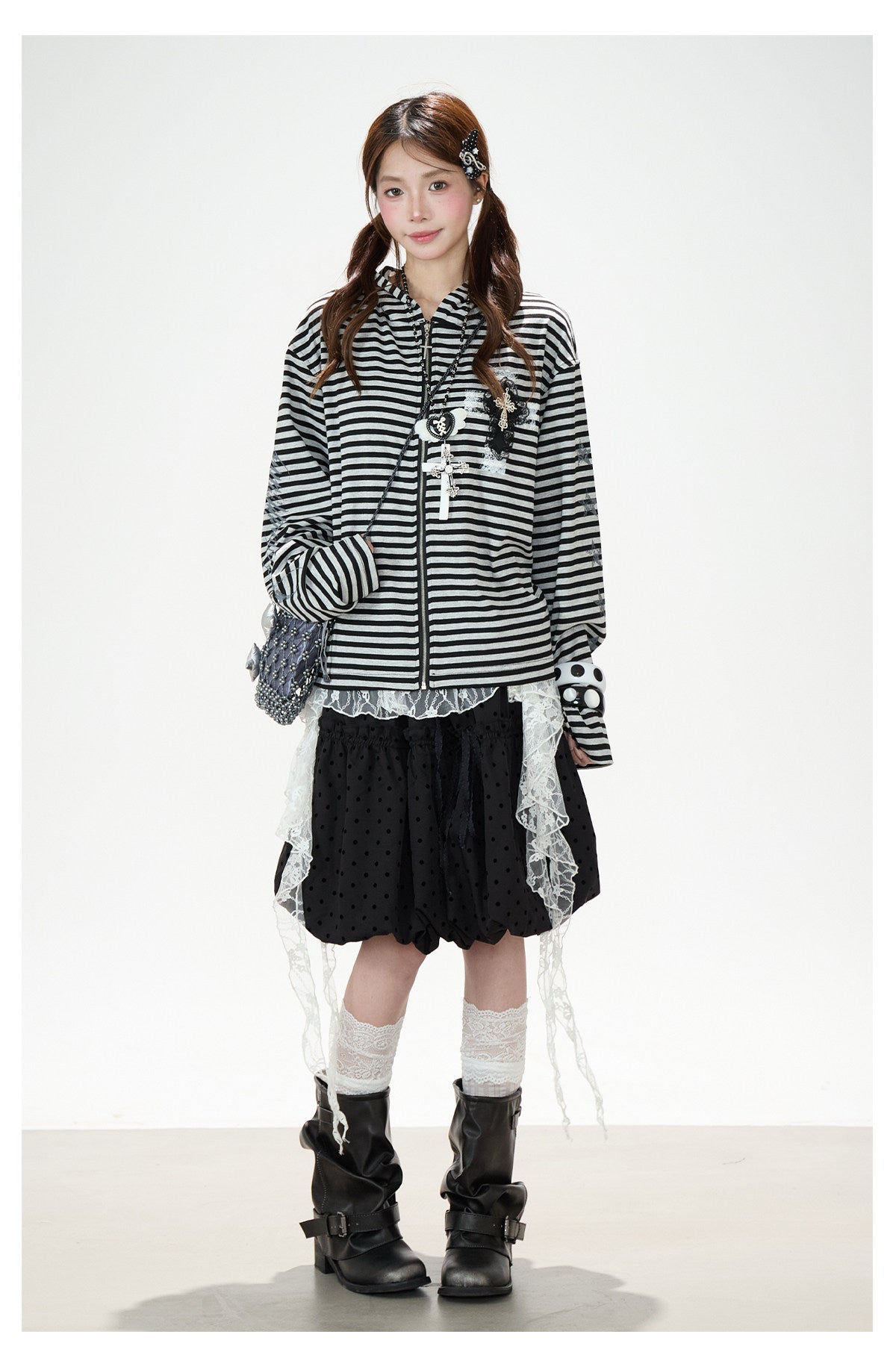 Lace Cross Stripe Zip-Up Hoodie & Black Polka-Dot Ruffle Midi Skirt