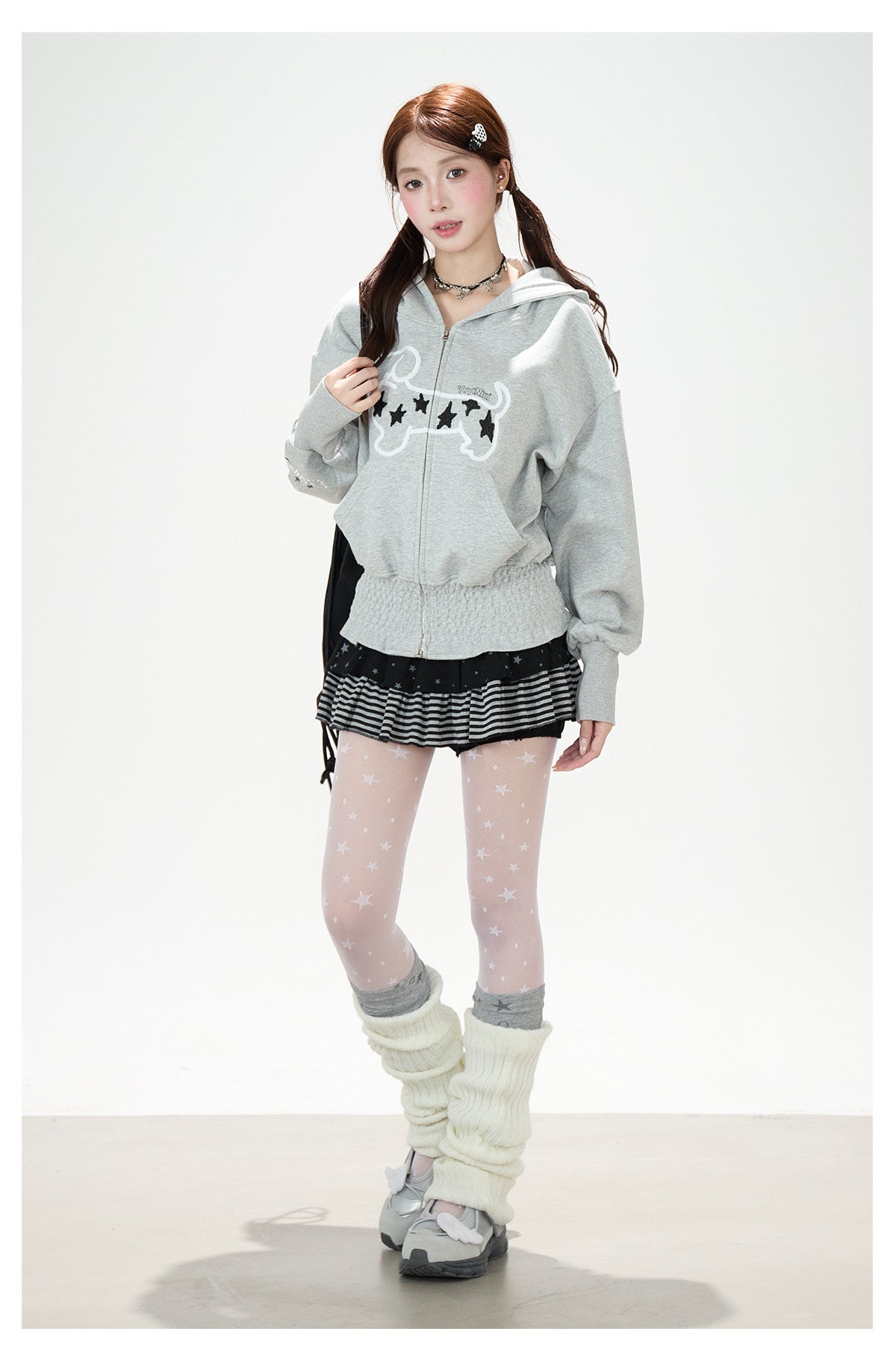 Star Puppy Zip-Up Hoodie & Black Stripe Ruffle Mini Skirt