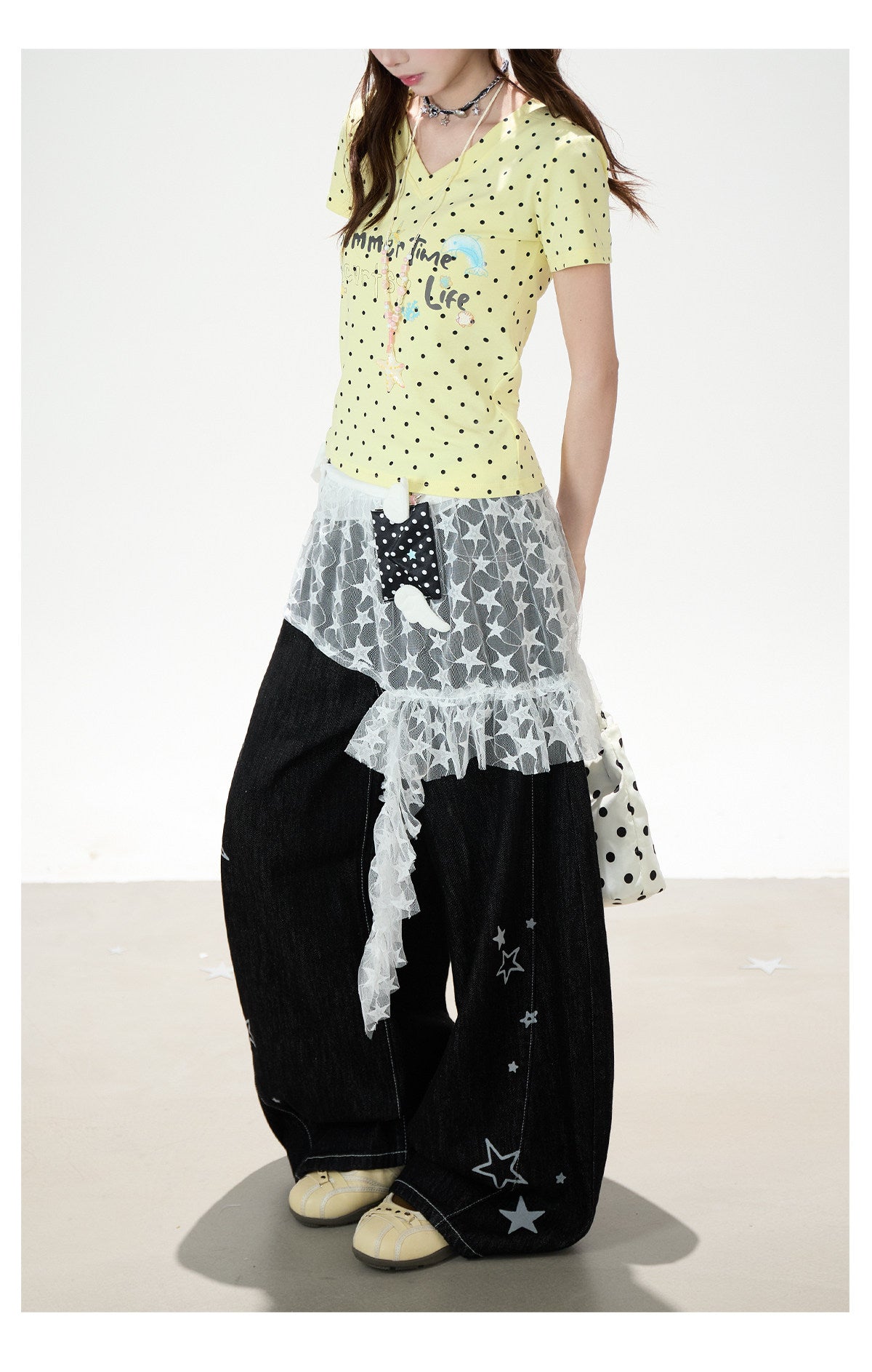 Star Print Lace Layered Wide-Leg Jeans