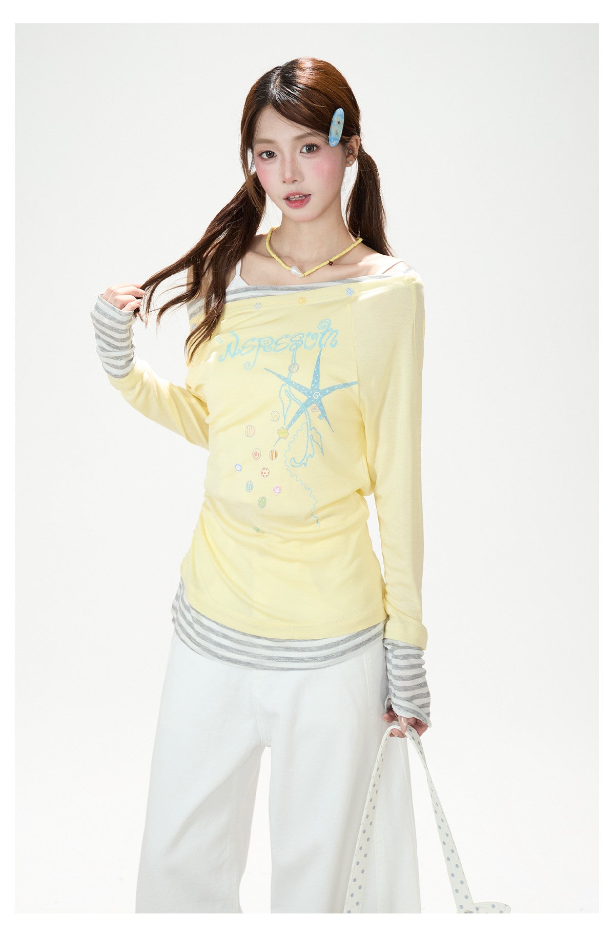 Starfish Off-Shoulder Layered Long Sleeve Top & White Wide-Leg Pants