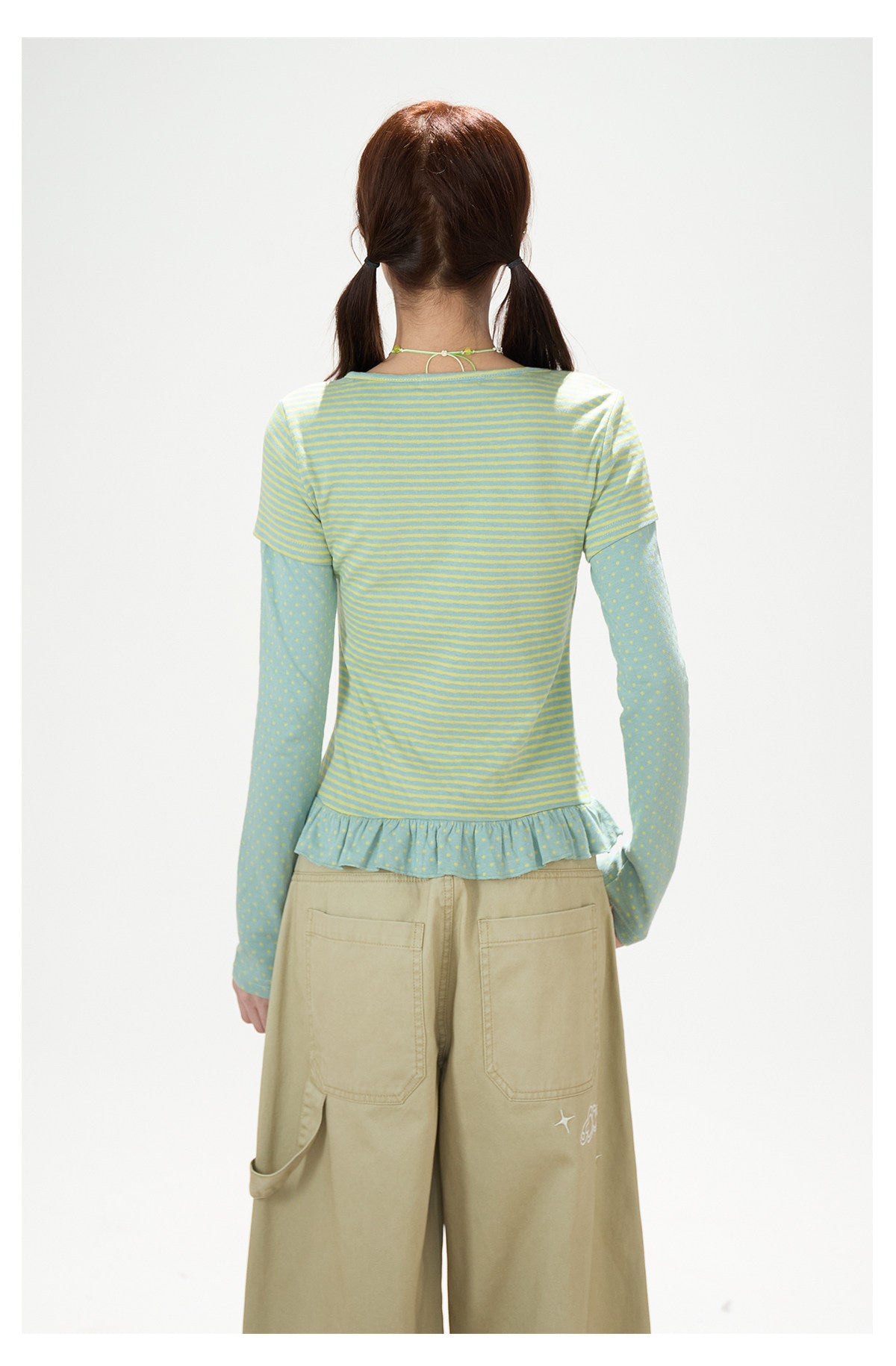 Polka-Dot Stripe Layered Long Sleeve Top & Embroidered Khaki Wide-Leg Cargo Pants
