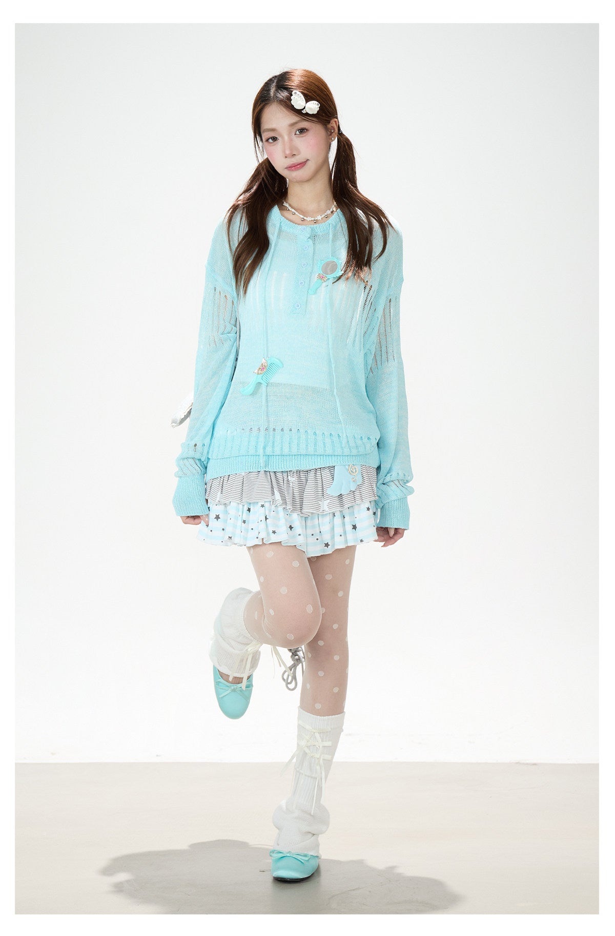 Openwork Knit Long Sleeve Top & Light Blue Layered Ruffle Mini Skirt