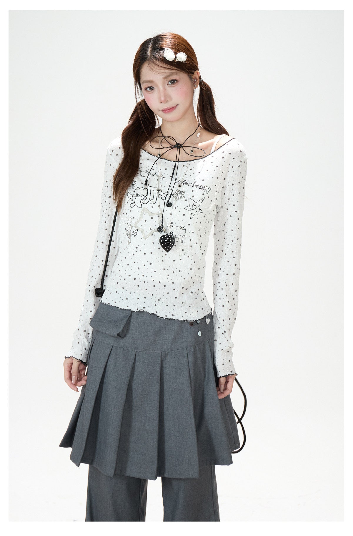 Star Cartoon Fitted Long Sleeve Top & Pleated Skirt-Layer Wide-Leg Pants