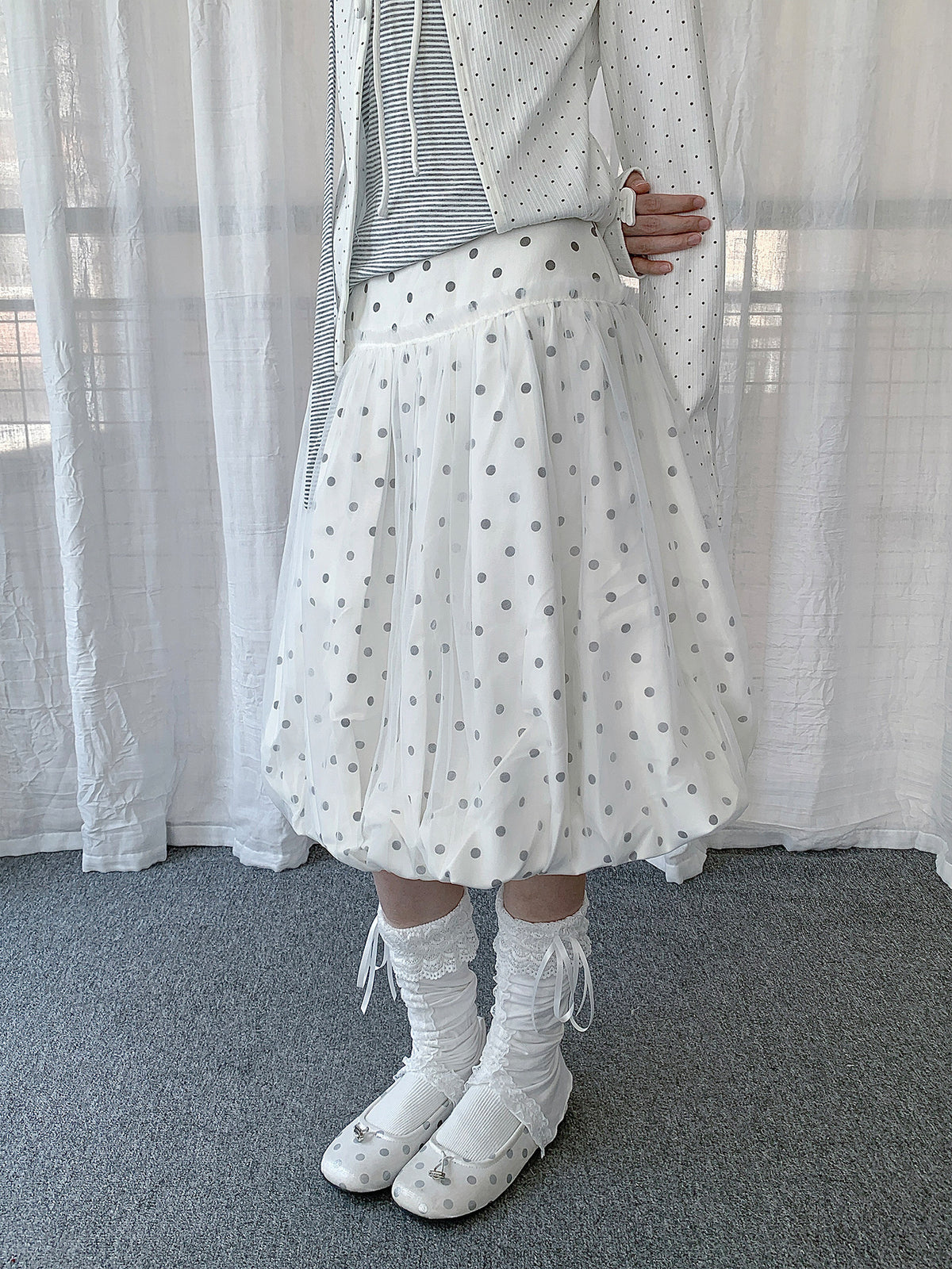 Polka Dot Balloon Midi Skirt & Layered Tie-Front Top