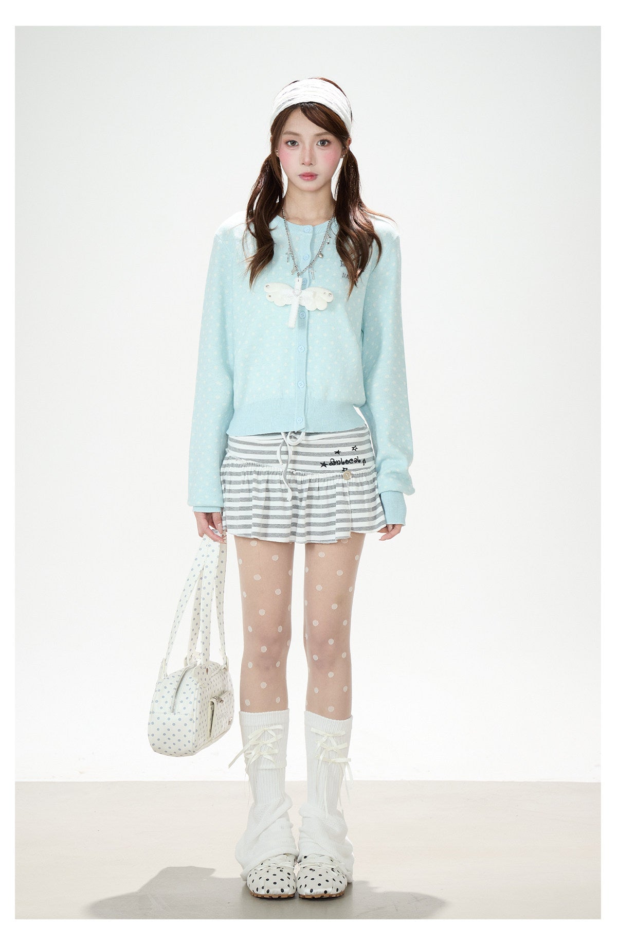 Polka-Dot Soft Knit Cardigan & Gray Mini Skirt