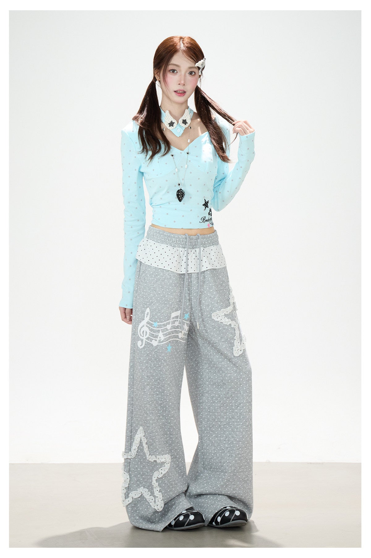 Polka-Dot V-Neck Long Sleeve Top & Lace Star Wide-Leg Pants