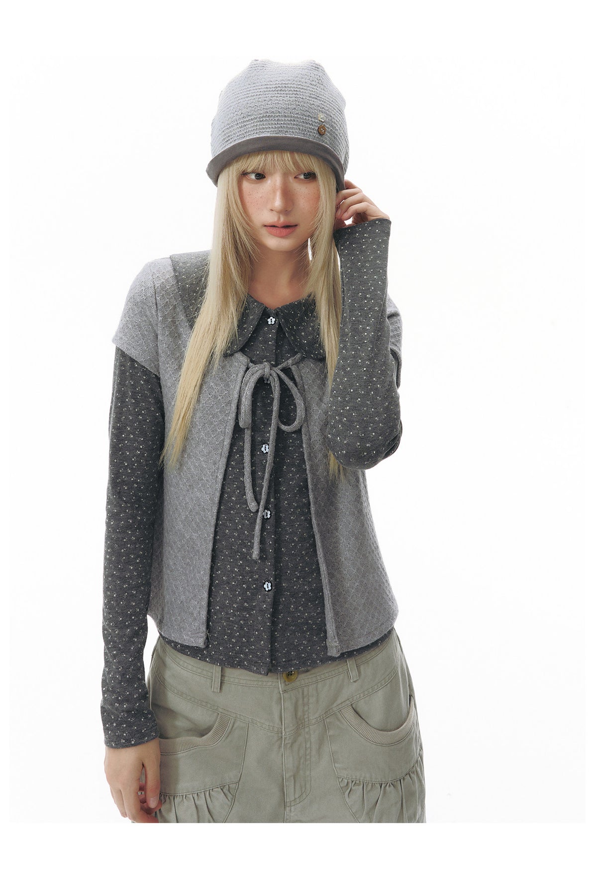 Doll-Collar Long Sleeve & Tie-Front Cardigan Set