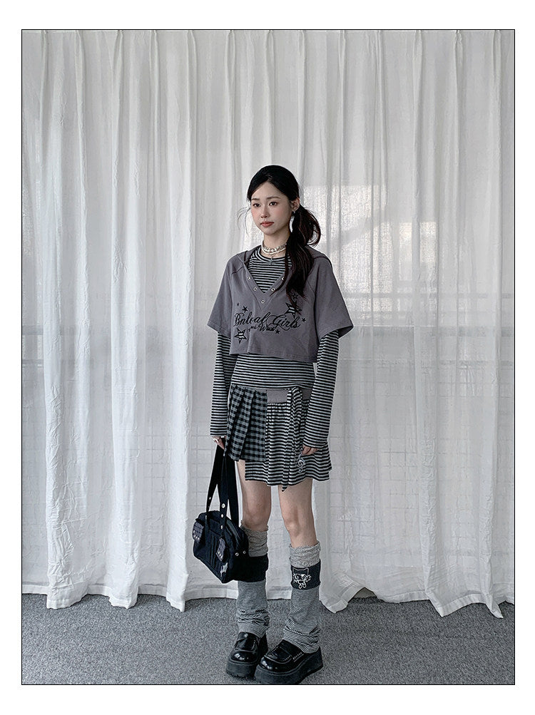 Music Note Plaid & Stripe Asymmetrical Mini Skirt