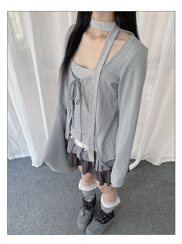 Polka Dot Tie Cardigan & Striped Cami Set
