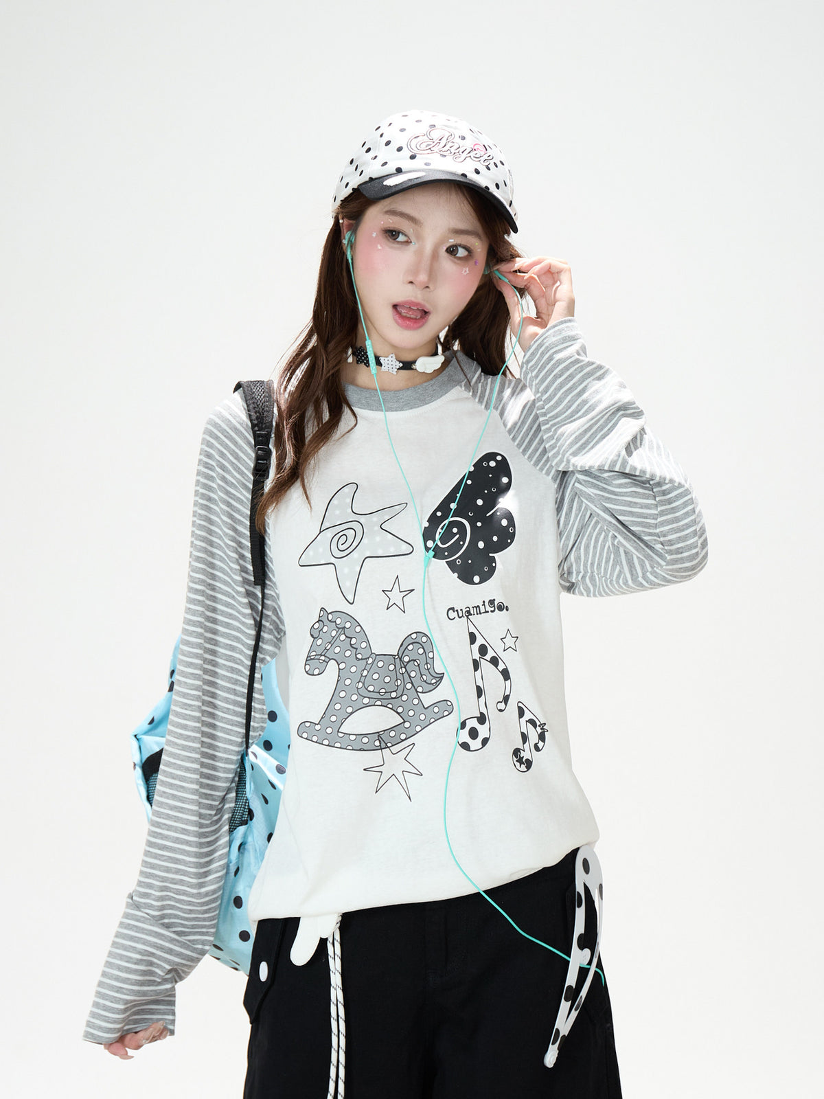 Playful Graphic Raglan Long Sleeve Top & Polka Dot Waist Wide-Leg Pants