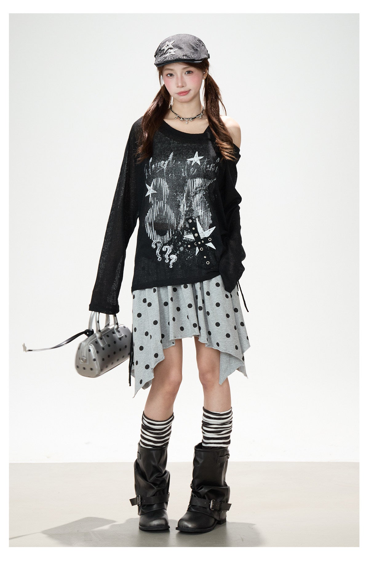 Dark Graffiti Off-Shoulder Long Sleeve Top & Asymmetric Polka-Dot Mini Skirt