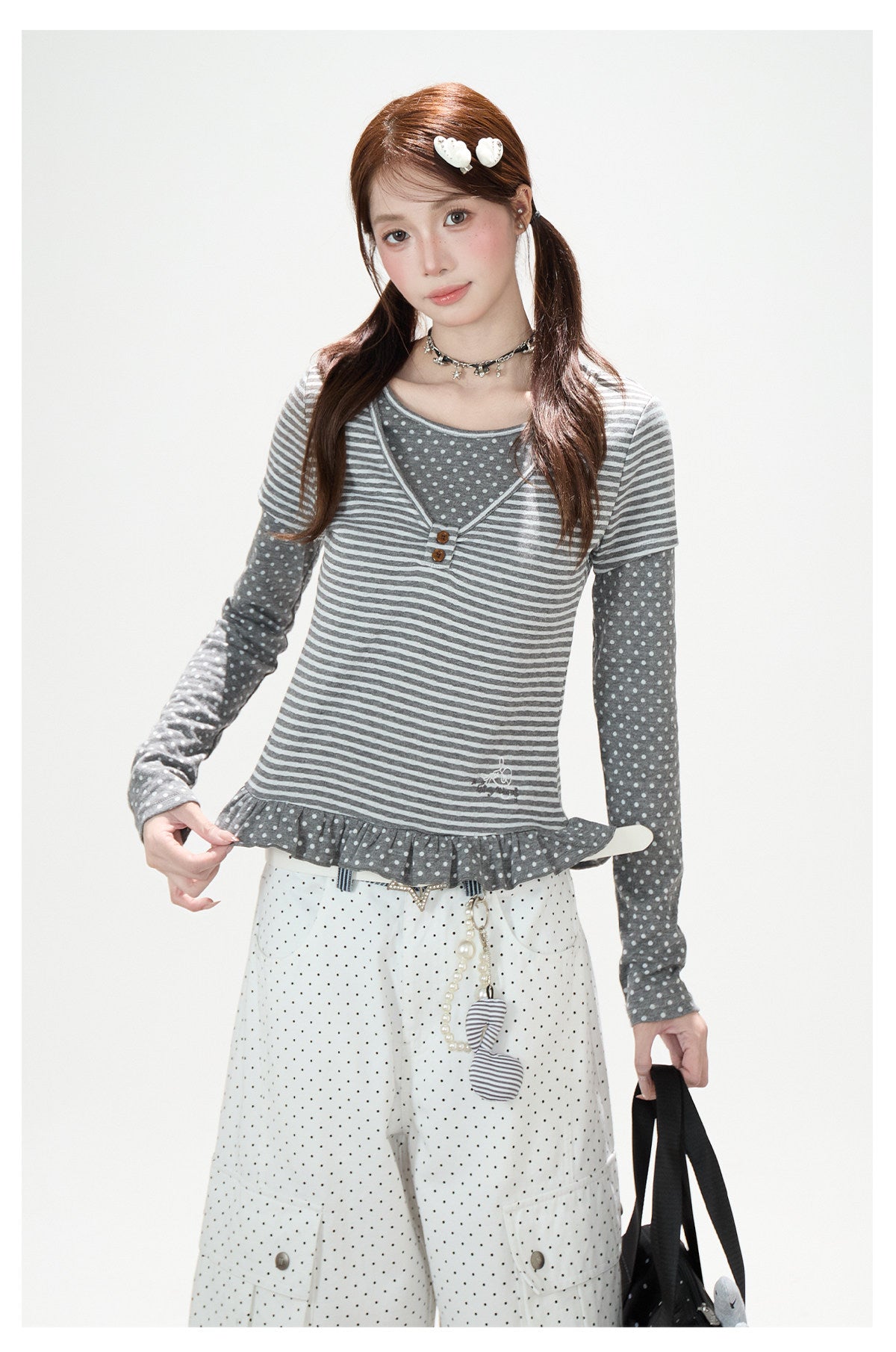 Polka-Dot Stripe Layered Long Sleeve Top & Embroidered Khaki Wide-Leg Cargo Pants
